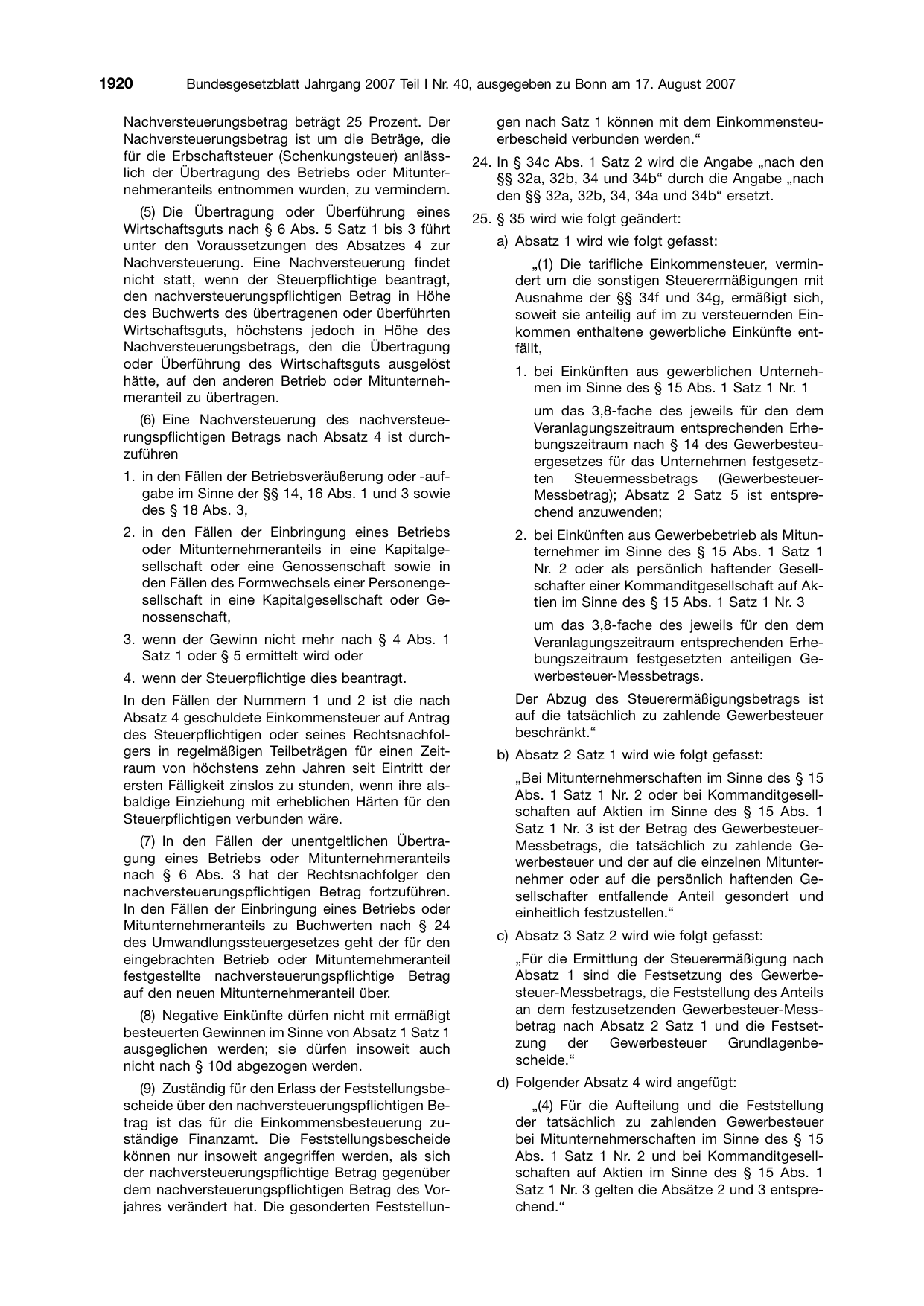 BGBl. 2007, Seite 1920 — Originalseite als Abbildung