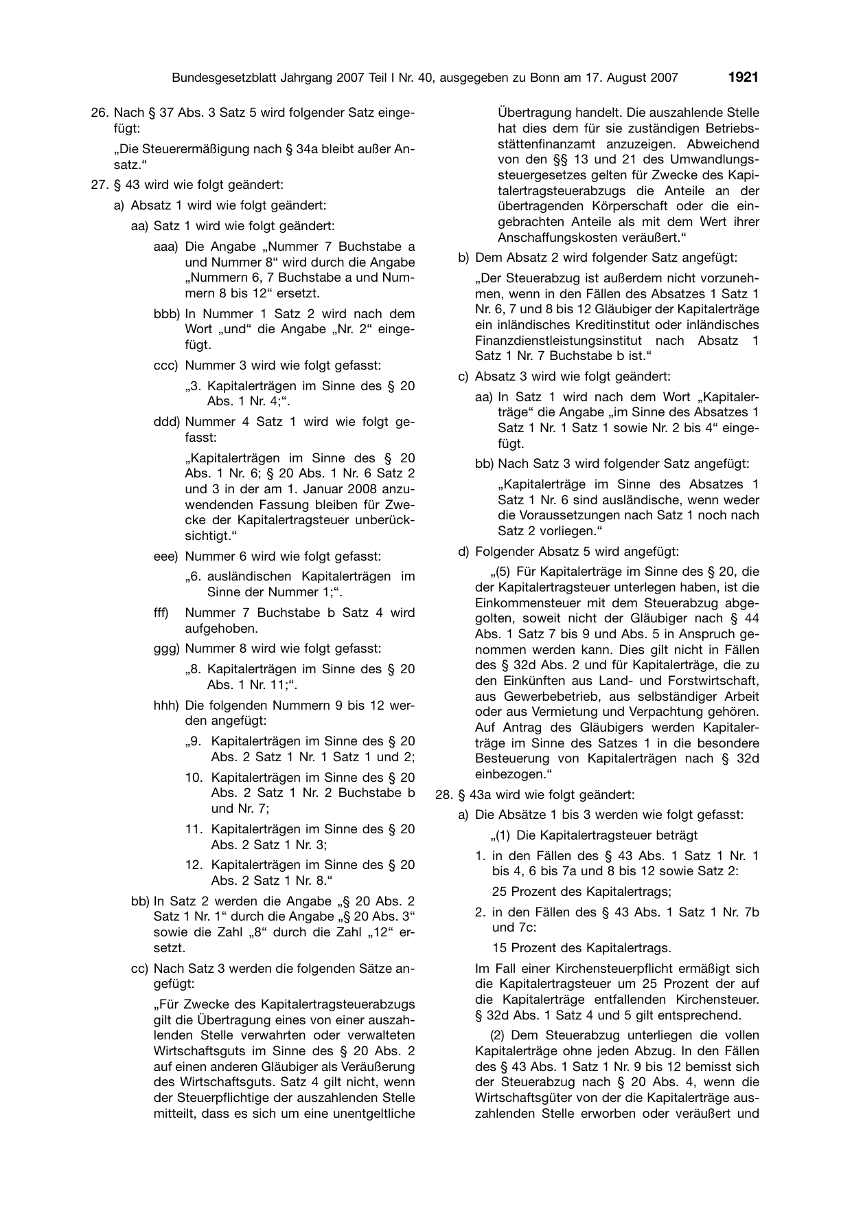 BGBl. 2007, Seite 1921 — Originalseite als Abbildung