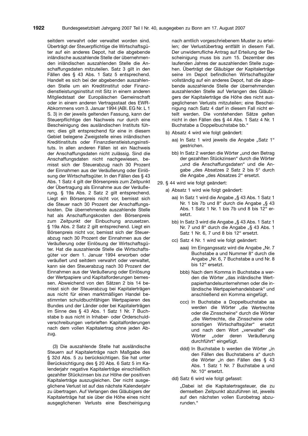 BGBl. 2007, Seite 1922 — Originalseite als Abbildung