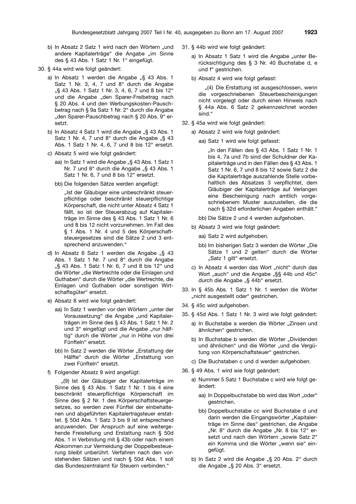 BGBl. 2007, Seite 1923 — Originalseite als Abbildung