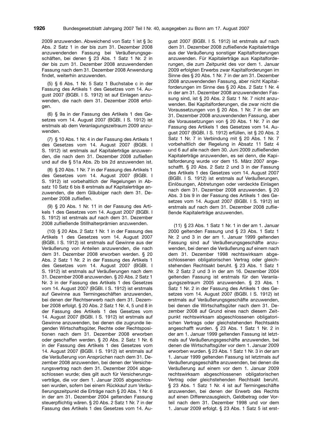 BGBl. 2007, Seite 1926 — Originalseite als Abbildung