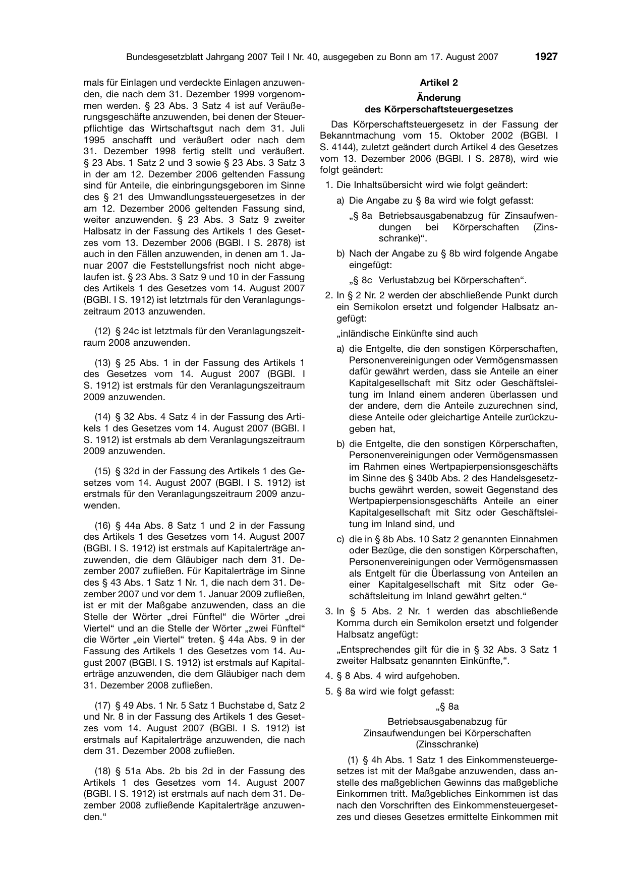 BGBl. 2007, Seite 1927 — Originalseite als Abbildung