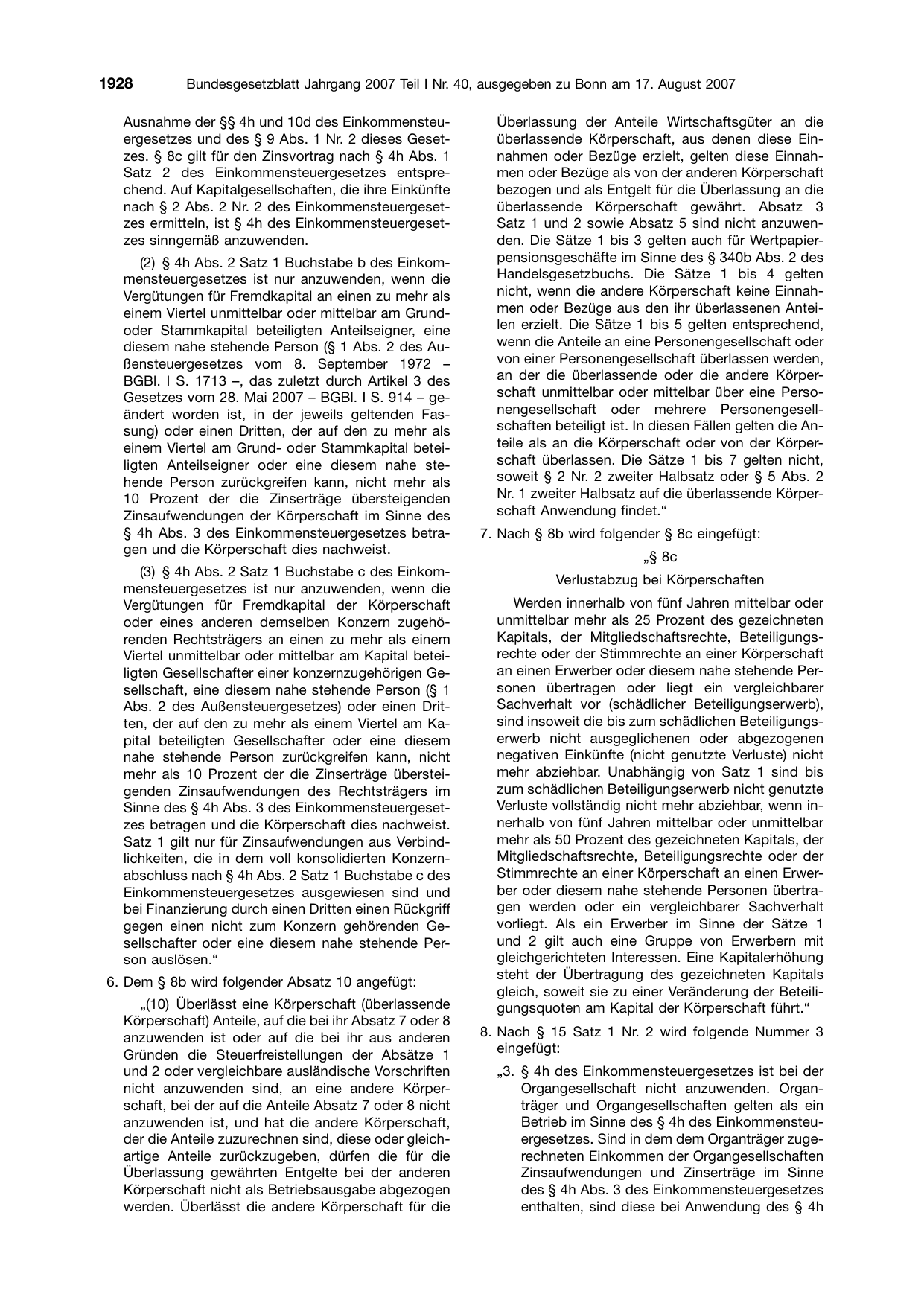 BGBl. 2007, Seite 1928 — Originalseite als Abbildung
