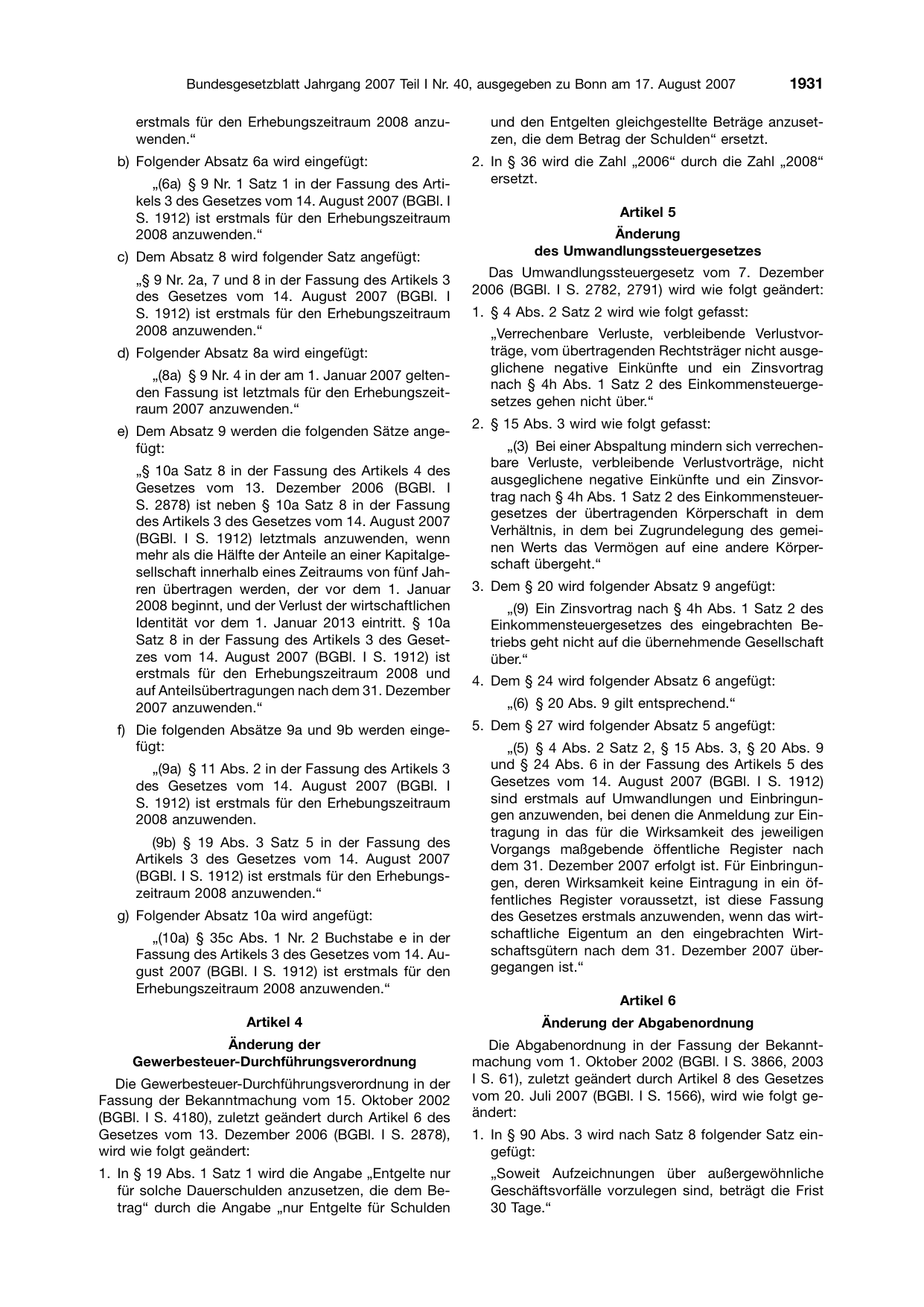 BGBl. 2007, Seite 1931 — Originalseite als Abbildung