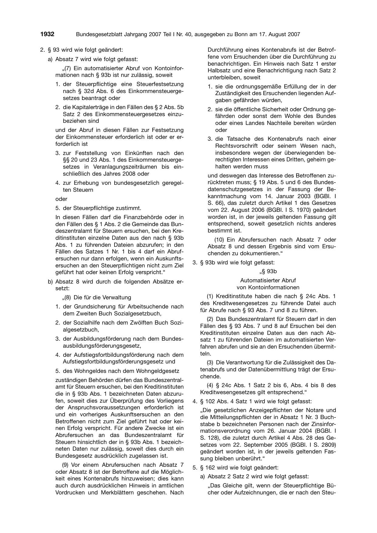 BGBl. 2007, Seite 1932 — Originalseite als Abbildung