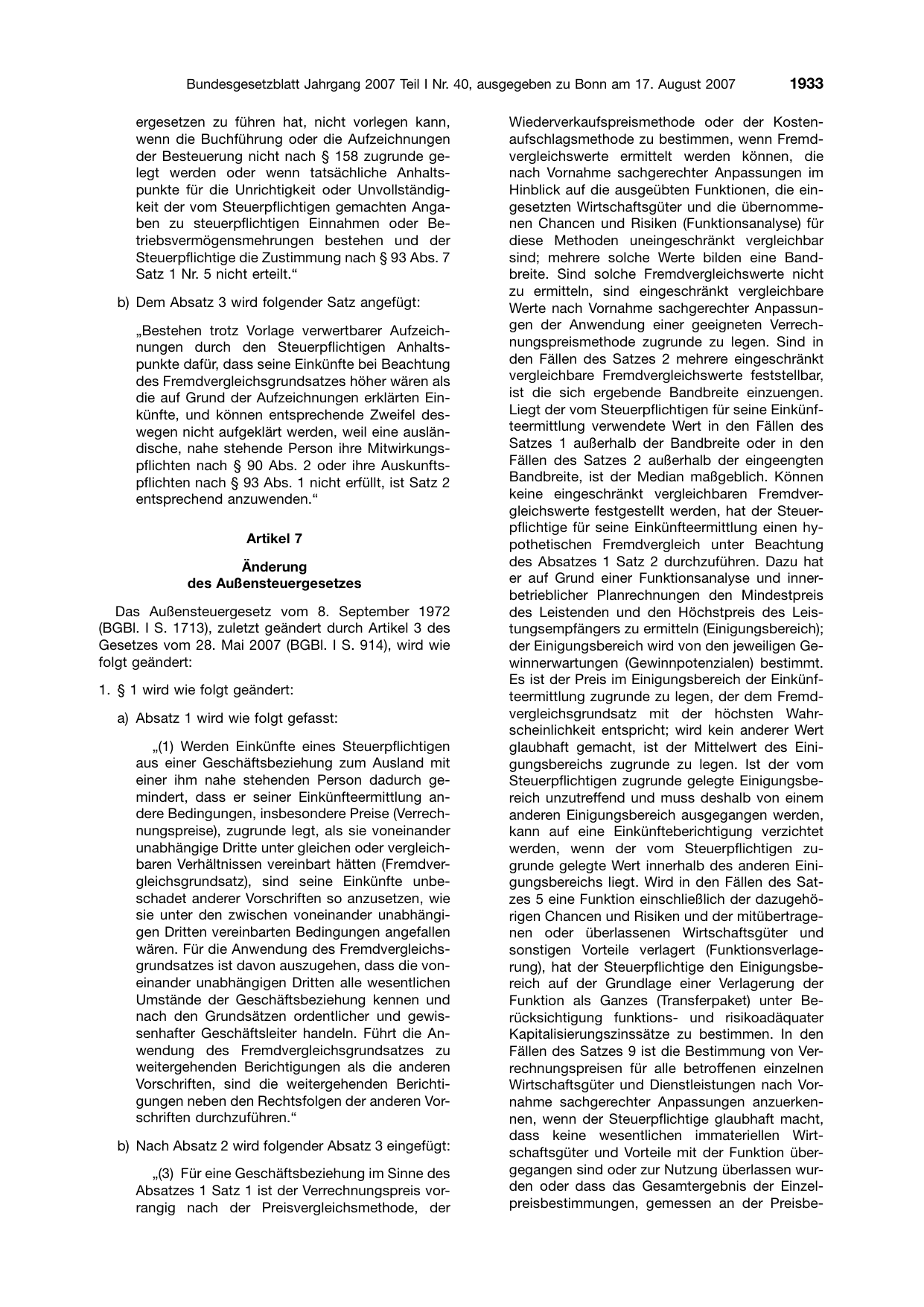 BGBl. 2007, Seite 1933 — Originalseite als Abbildung