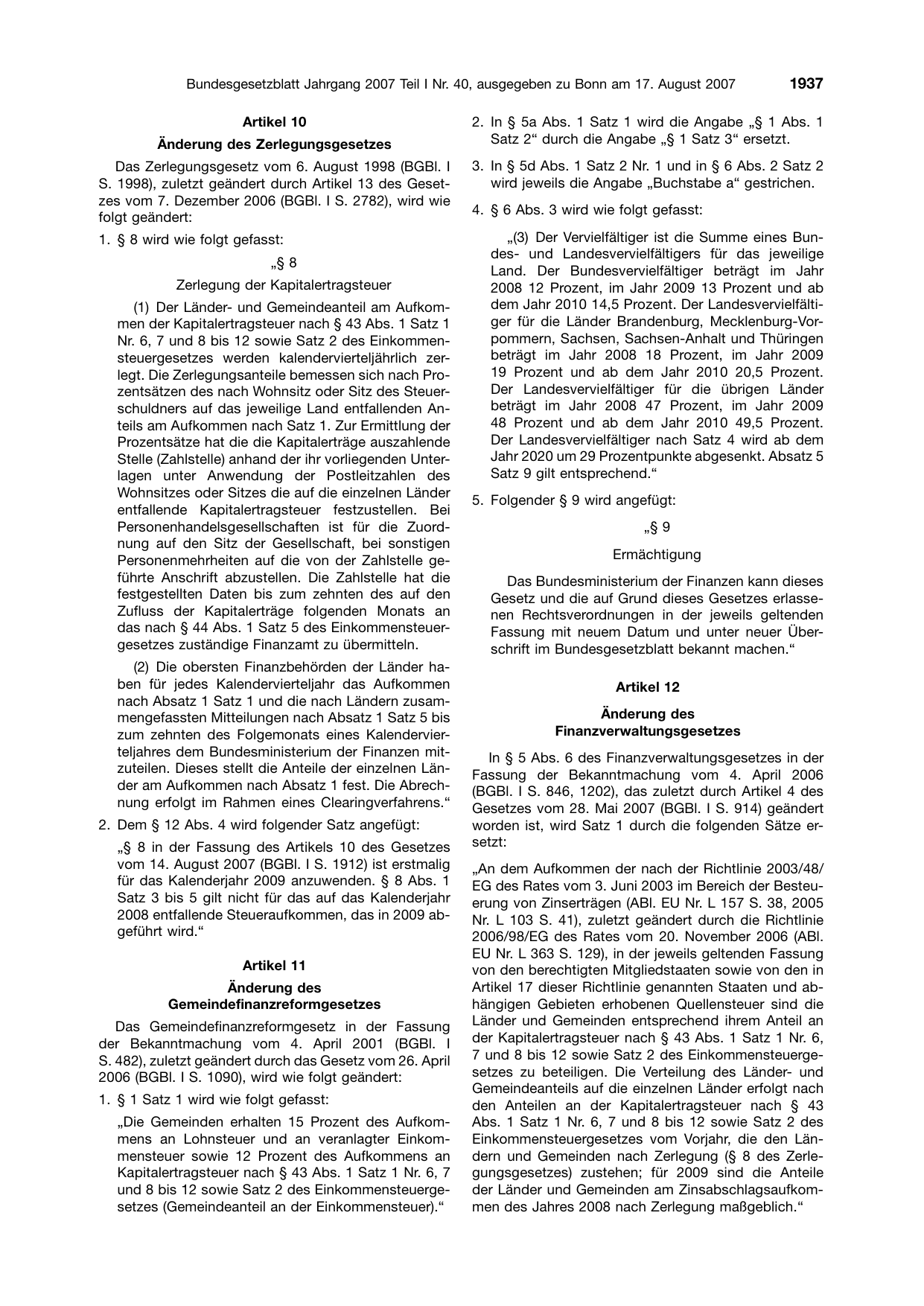 BGBl. 2007, Seite 1937 — Originalseite als Abbildung