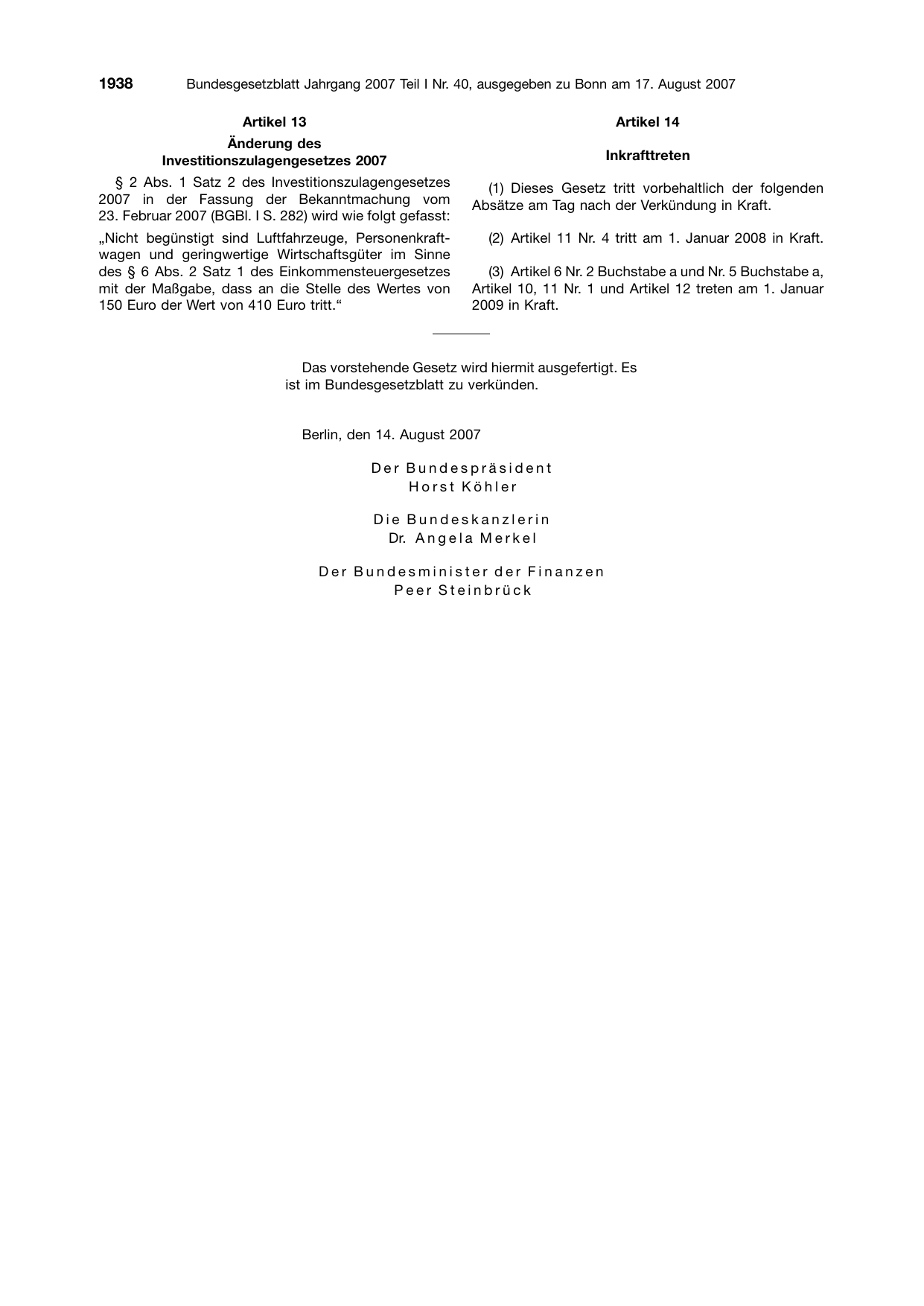 BGBl. 2007, Seite 1938 — Originalseite als Abbildung