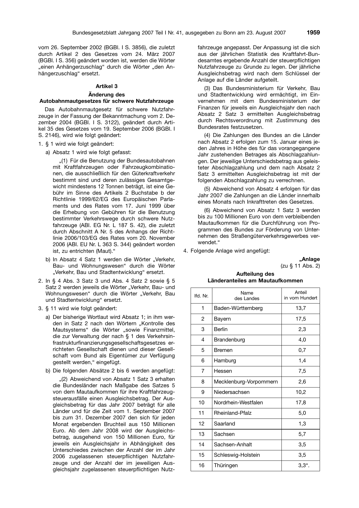 BGBl. 2007, Seite 1959 — Originalseite als Abbildung
