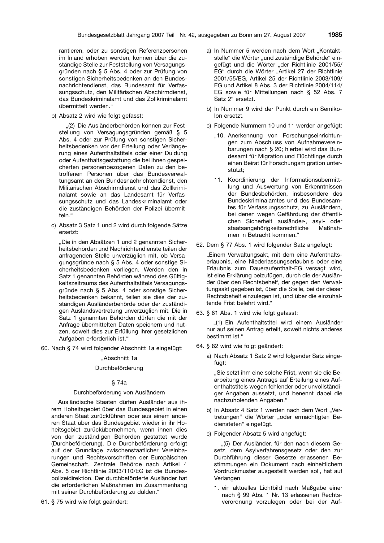 BGBl. 2007, Seite 1985 — Originalseite als Abbildung