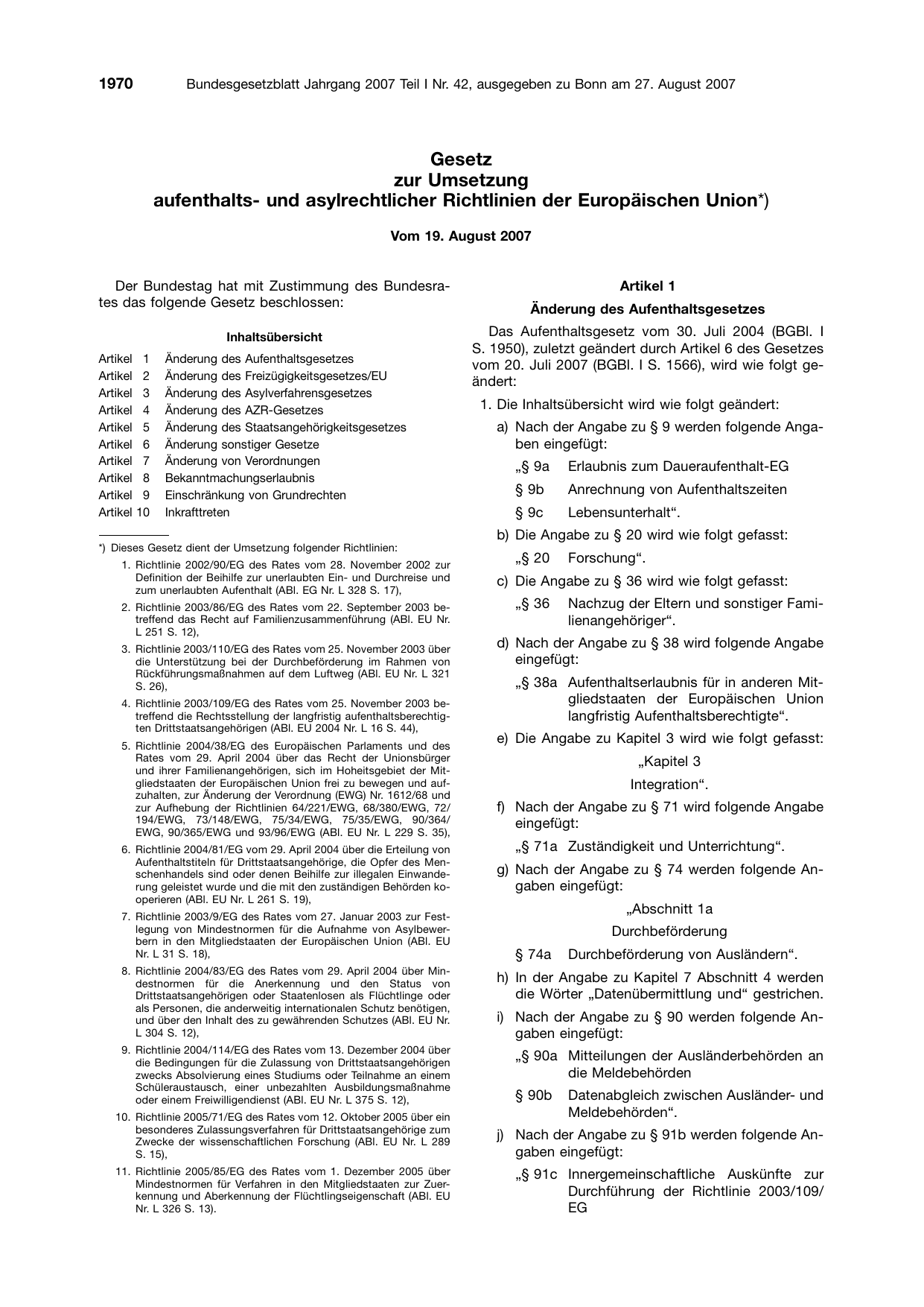 BGBl. 2007, Seite 1970 — Originalseite als Abbildung