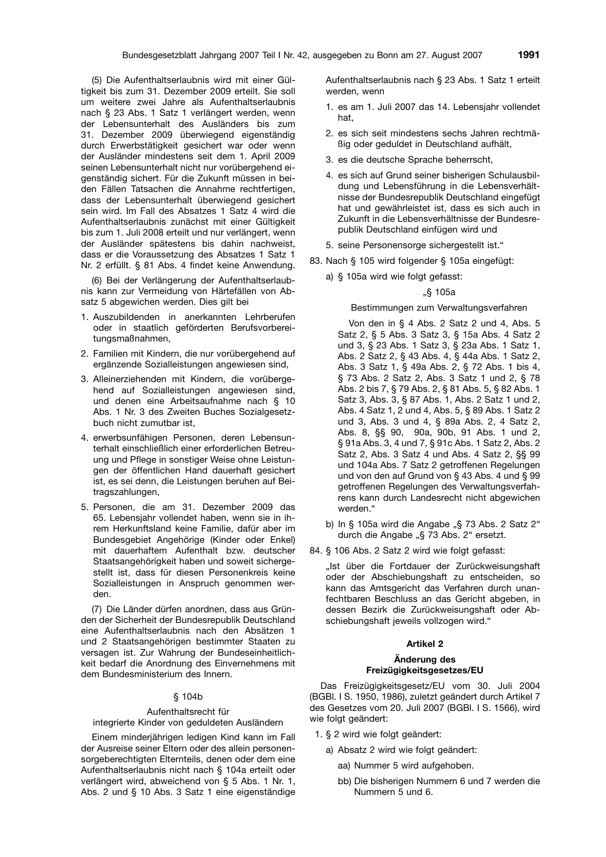 BGBl. 2007, Seite 1991 — Originalseite als Abbildung