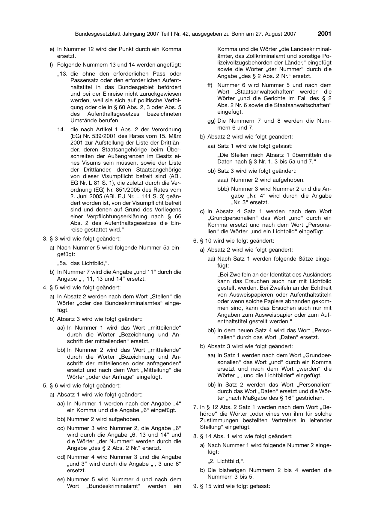 BGBl. 2007, Seite 2001 — Originalseite als Abbildung
