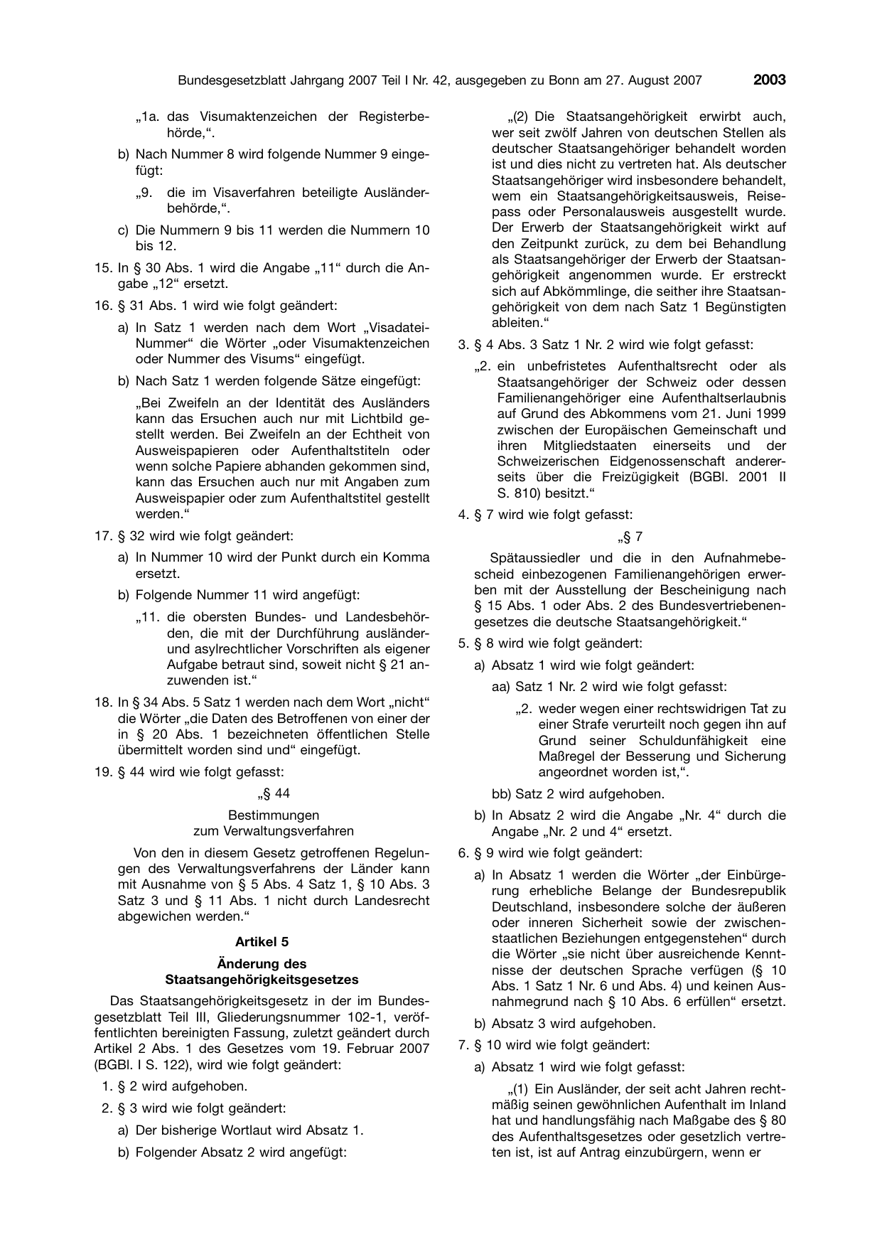 BGBl. 2007, Seite 2003 — Originalseite als Abbildung