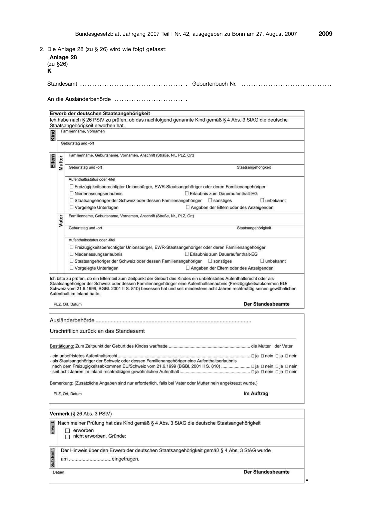 BGBl. 2007, Seite 2009 — Originalseite als Abbildung