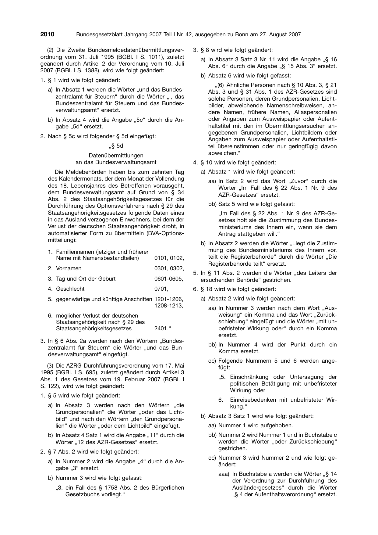 BGBl. 2007, Seite 2010 — Originalseite als Abbildung