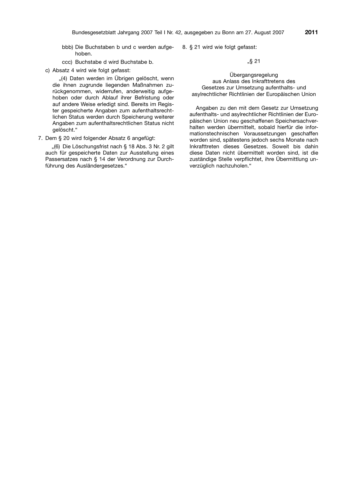 BGBl. 2007, Seite 2011 — Originalseite als Abbildung