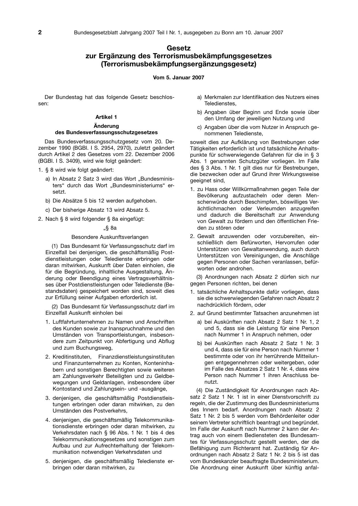 BGBl. 2007, Seite 2 — Originalseite als Abbildung