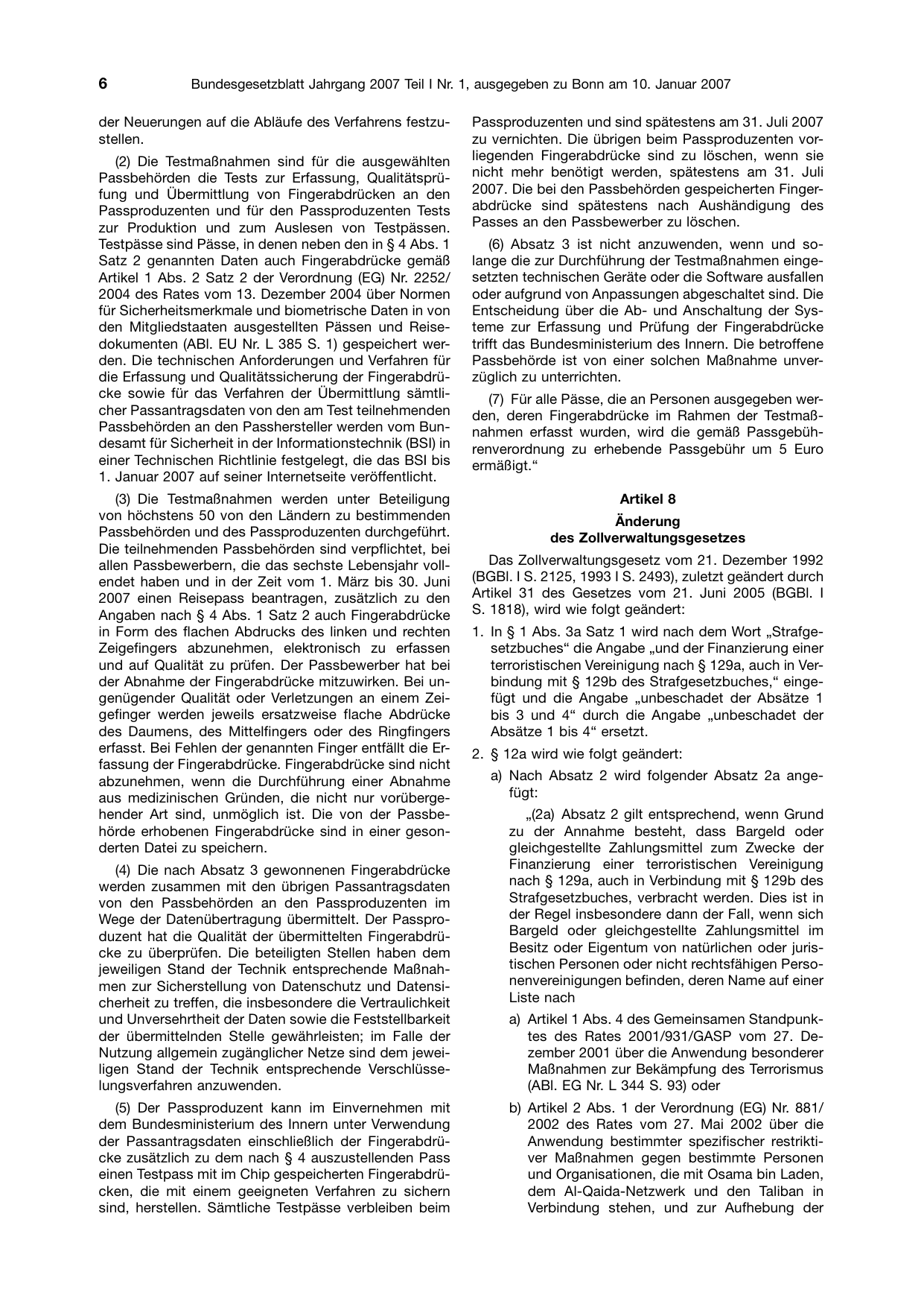 BGBl. 2007, Seite 6 — Originalseite als Abbildung