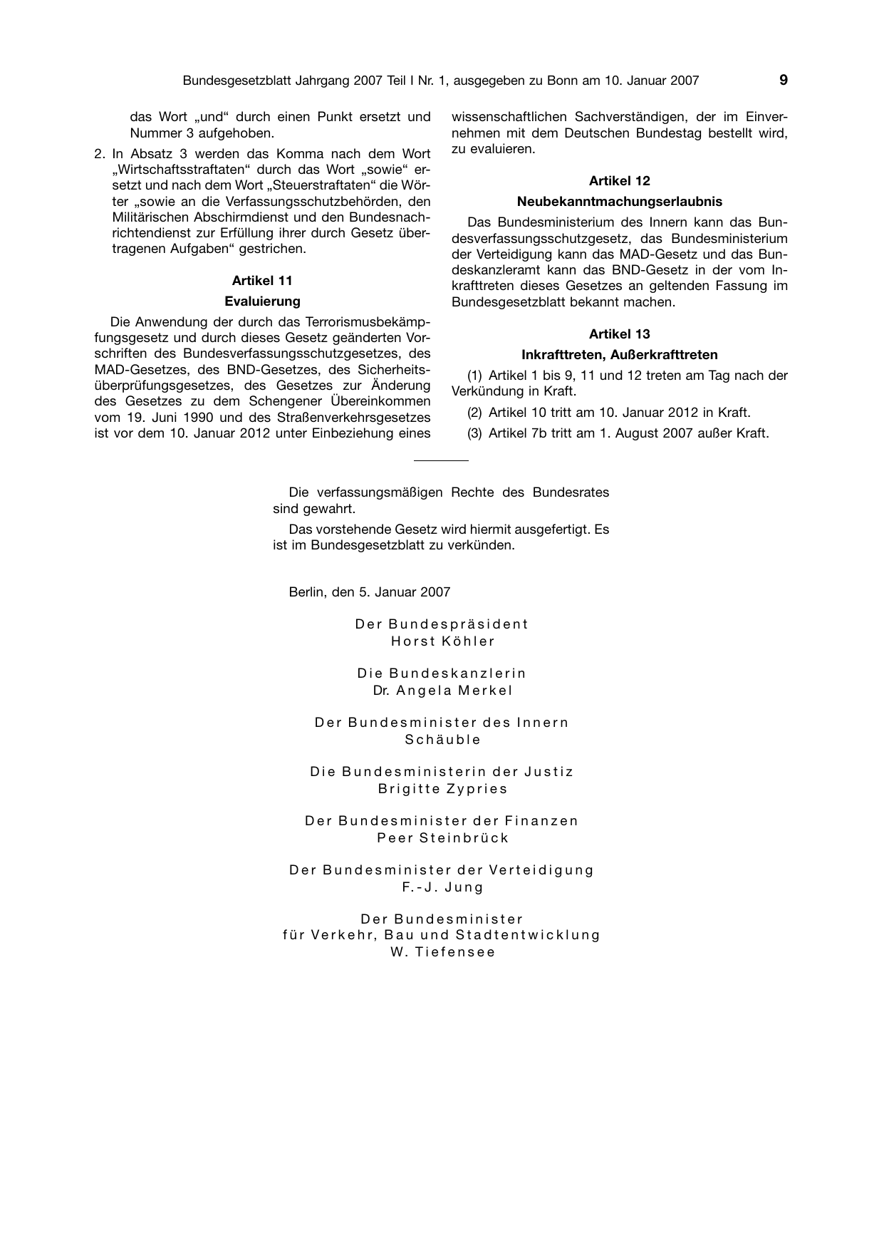BGBl. 2007, Seite 9 — Originalseite als Abbildung