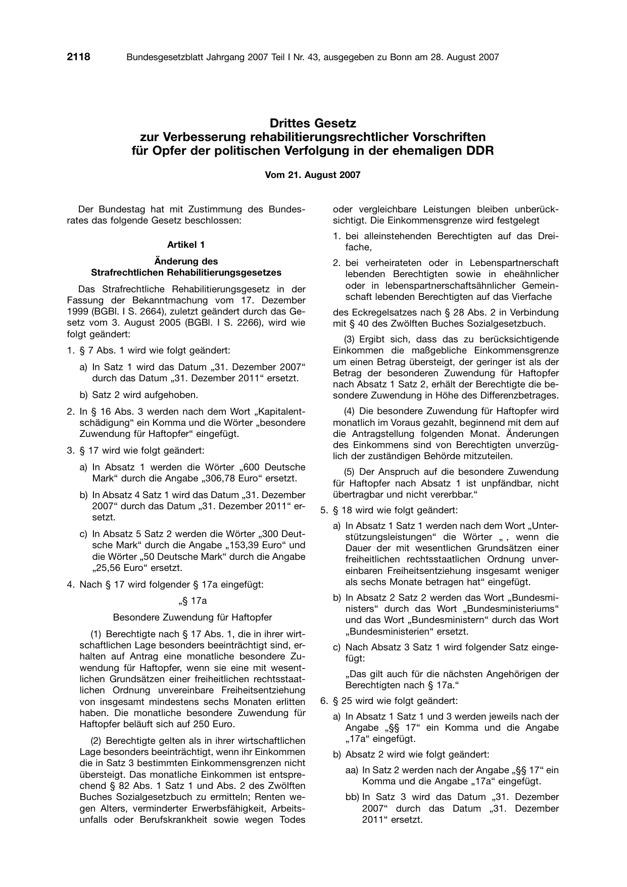 BGBl. 2007, Seite 2118 — Originalseite als Abbildung