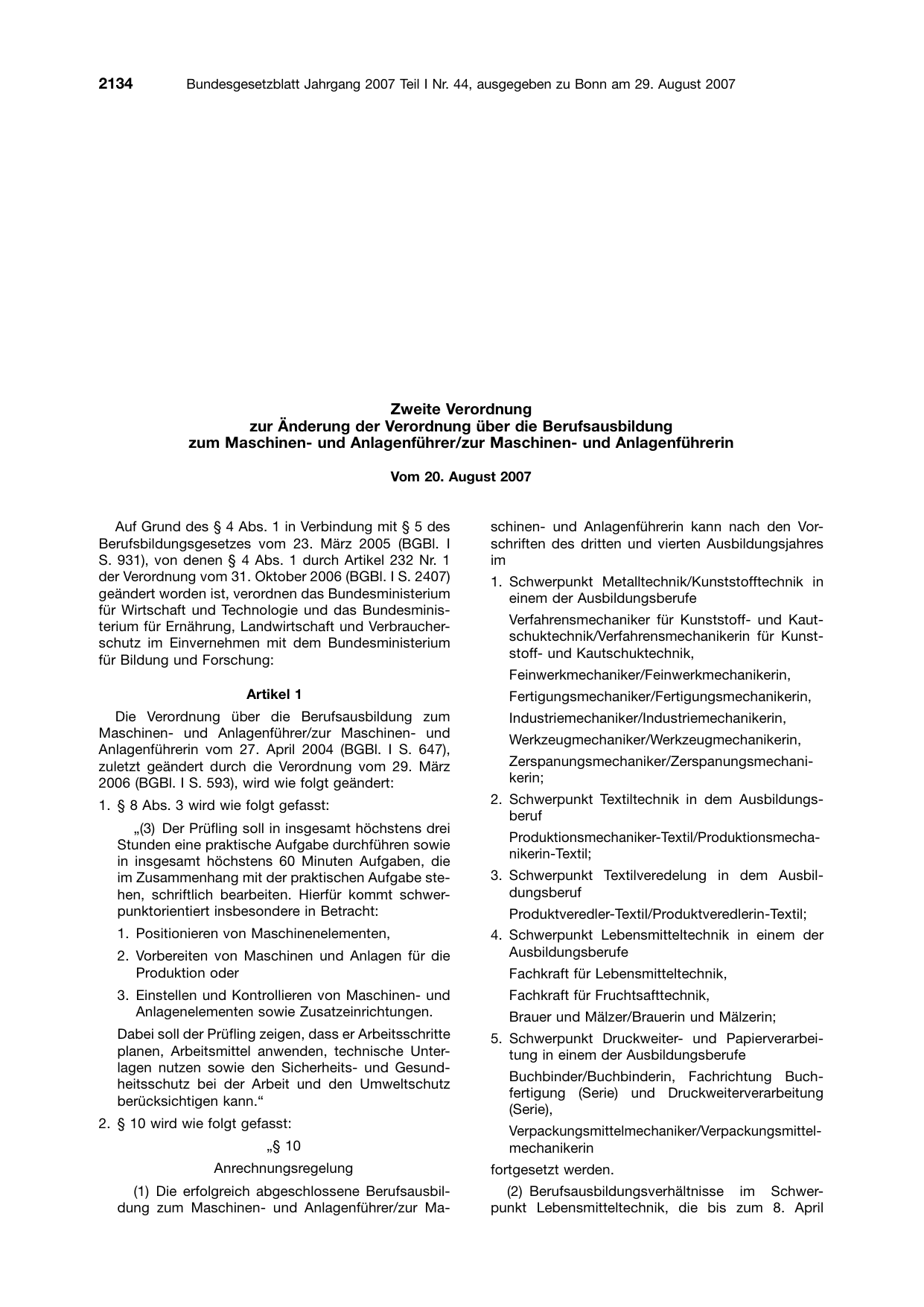 BGBl. 2007, Seite 2134 — Originalseite als Abbildung