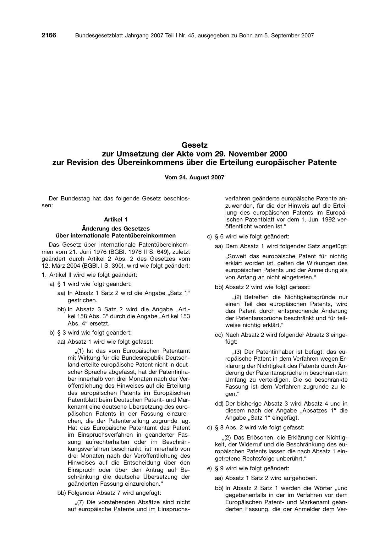 BGBl. 2007, Seite 2166 — Originalseite als Abbildung