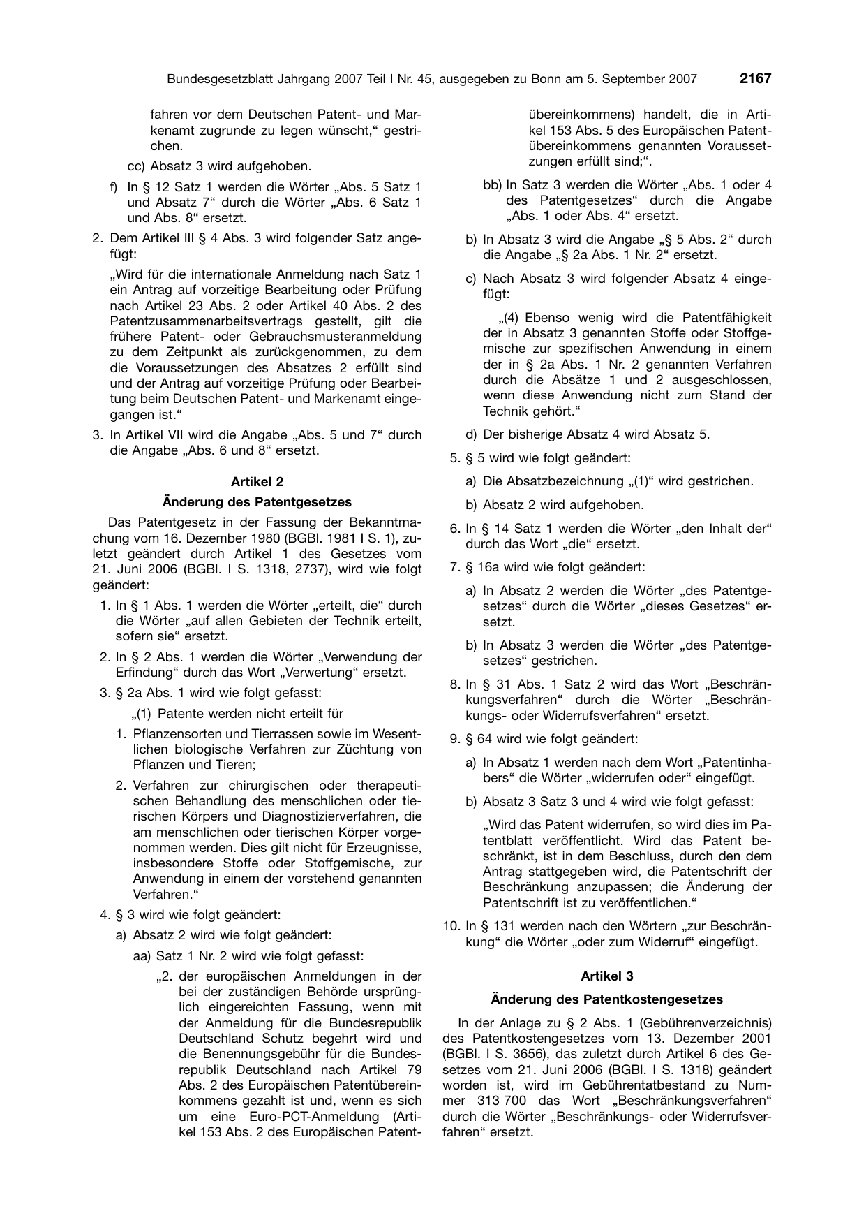 BGBl. 2007, Seite 2167 — Originalseite als Abbildung