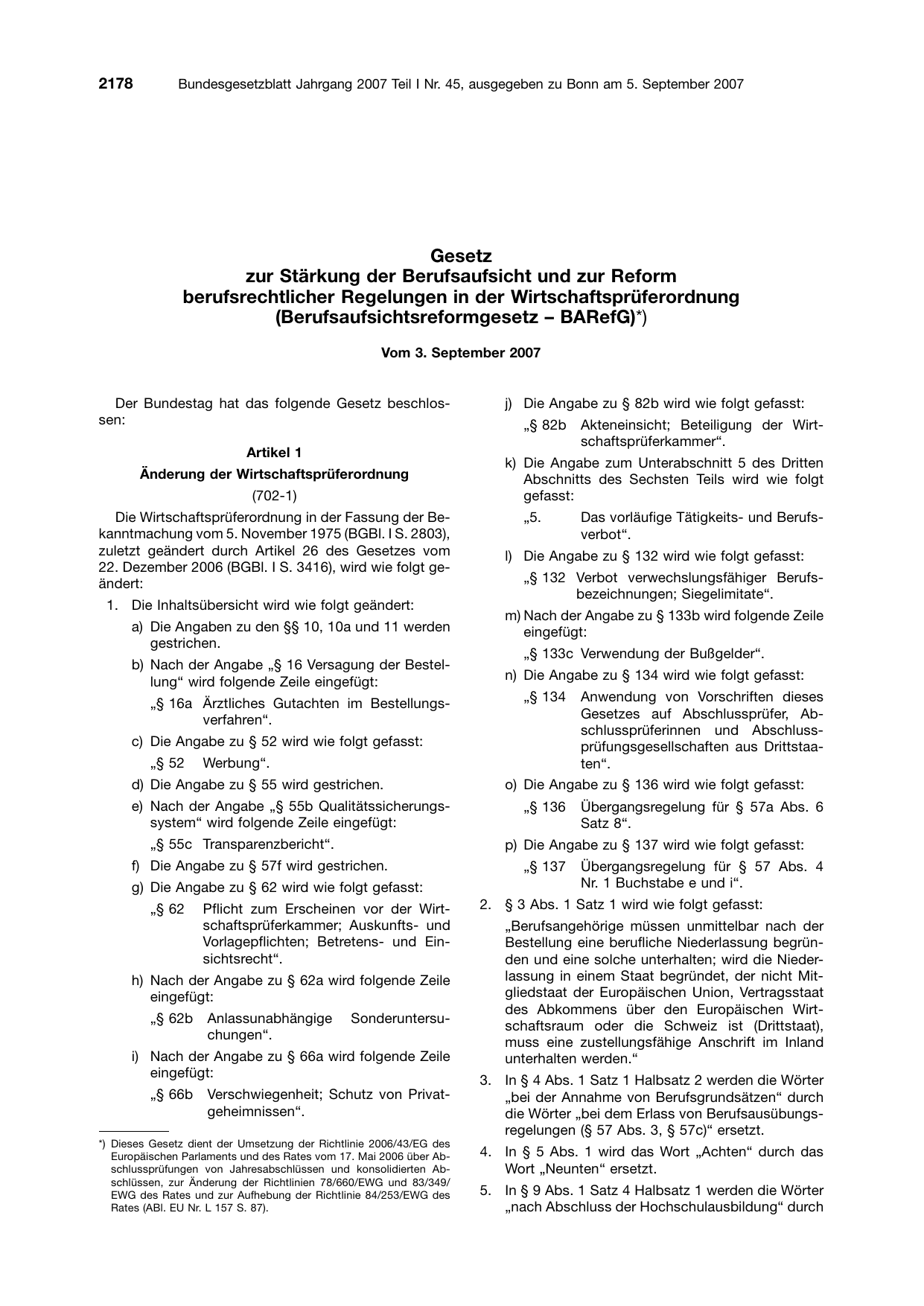 BGBl. 2007, Seite 2178 — Originalseite als Abbildung
