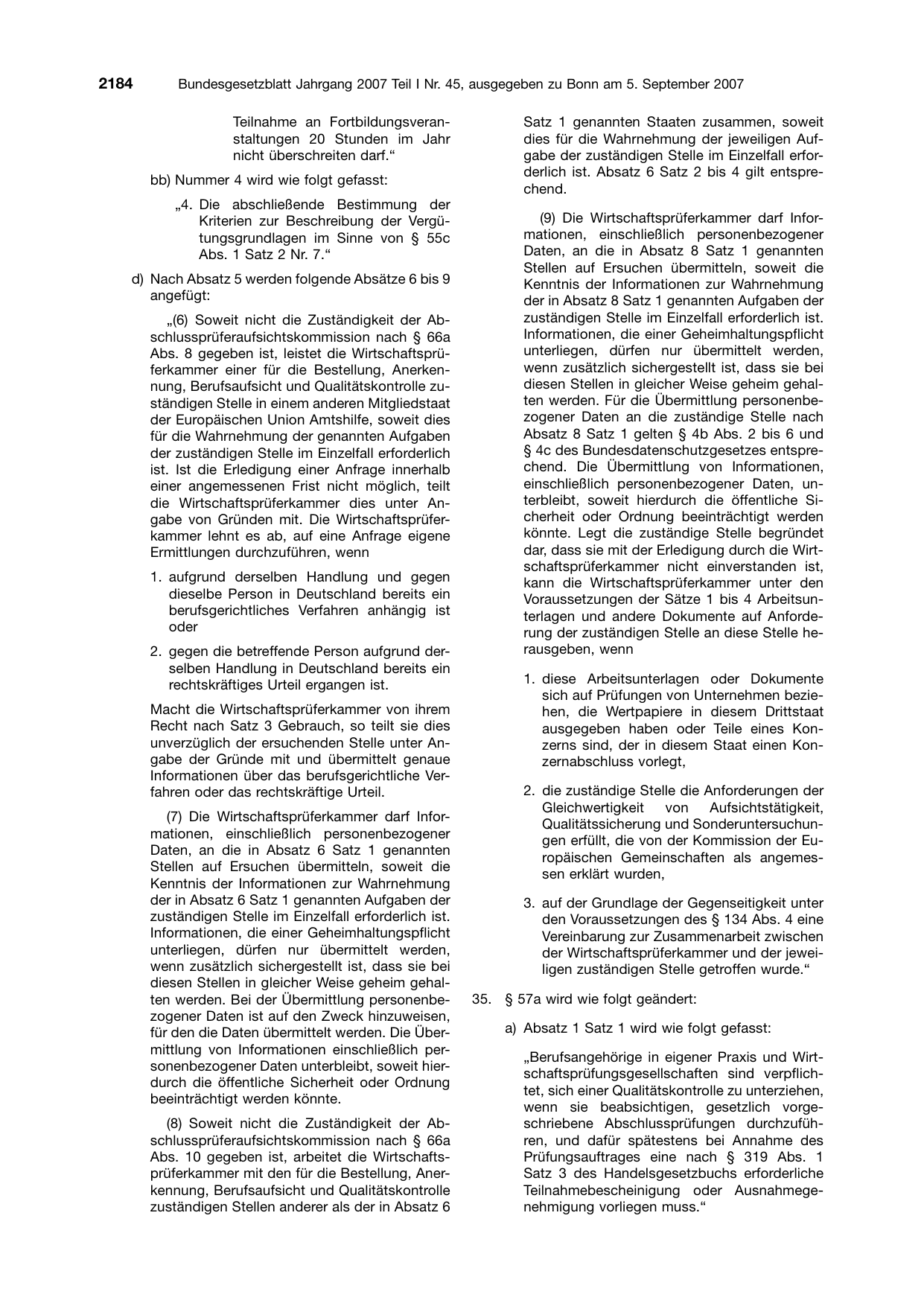 BGBl. 2007, Seite 2184 — Originalseite als Abbildung