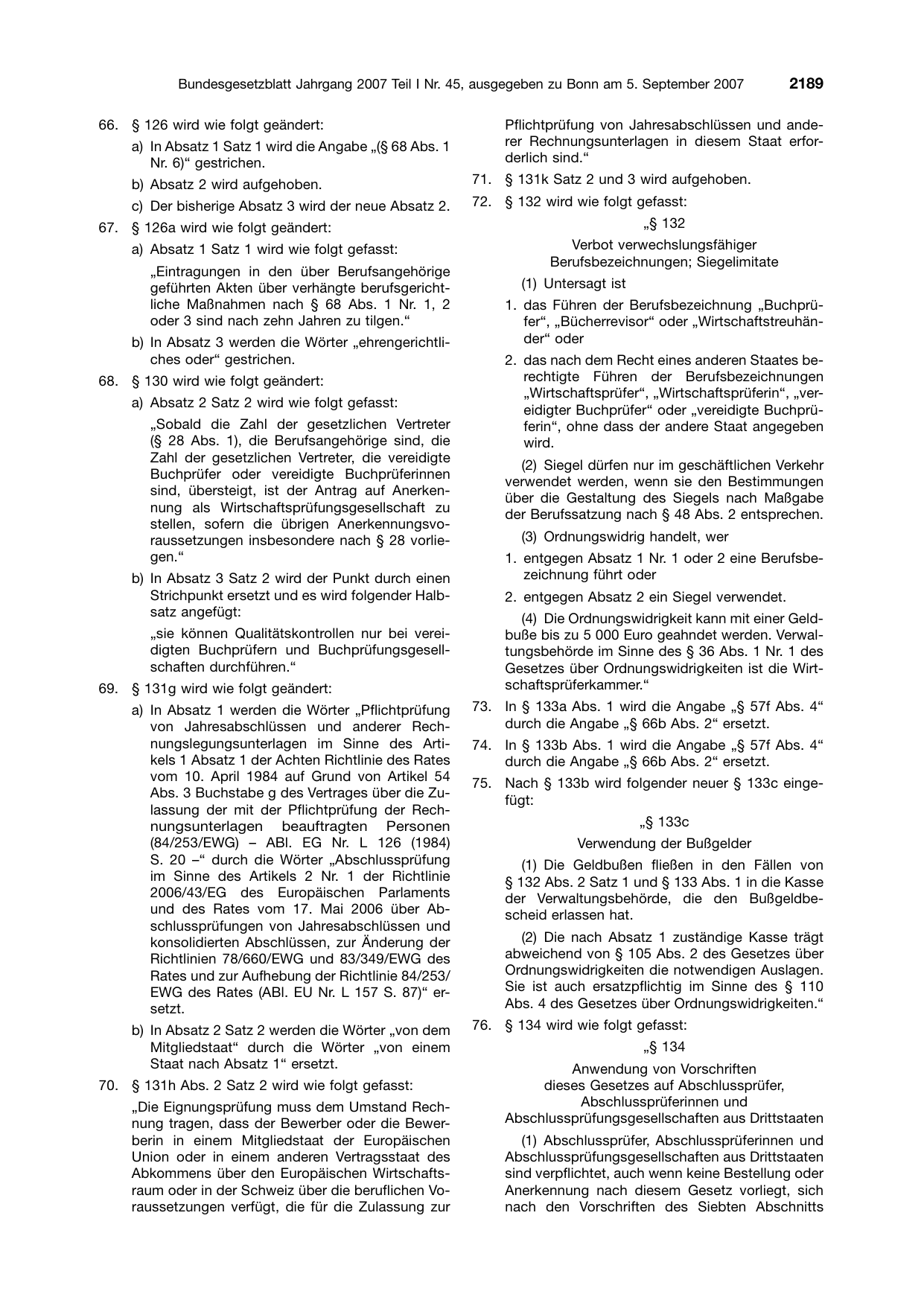 BGBl. 2007, Seite 2189 — Originalseite als Abbildung