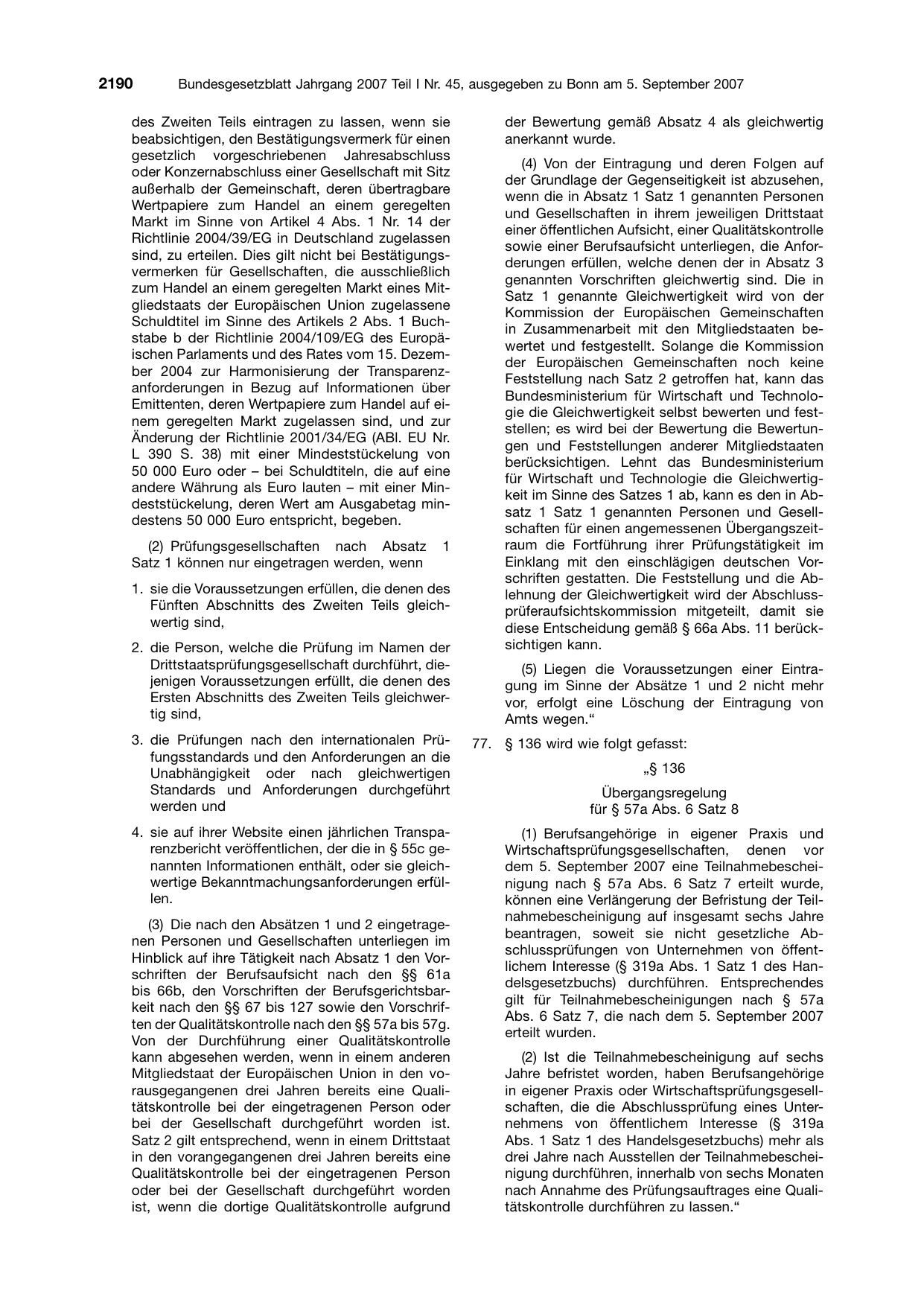 BGBl. 2007, Seite 2190 — Originalseite als Abbildung