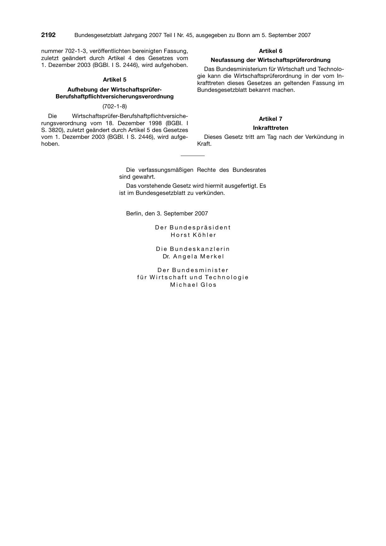 BGBl. 2007, Seite 2192 — Originalseite als Abbildung