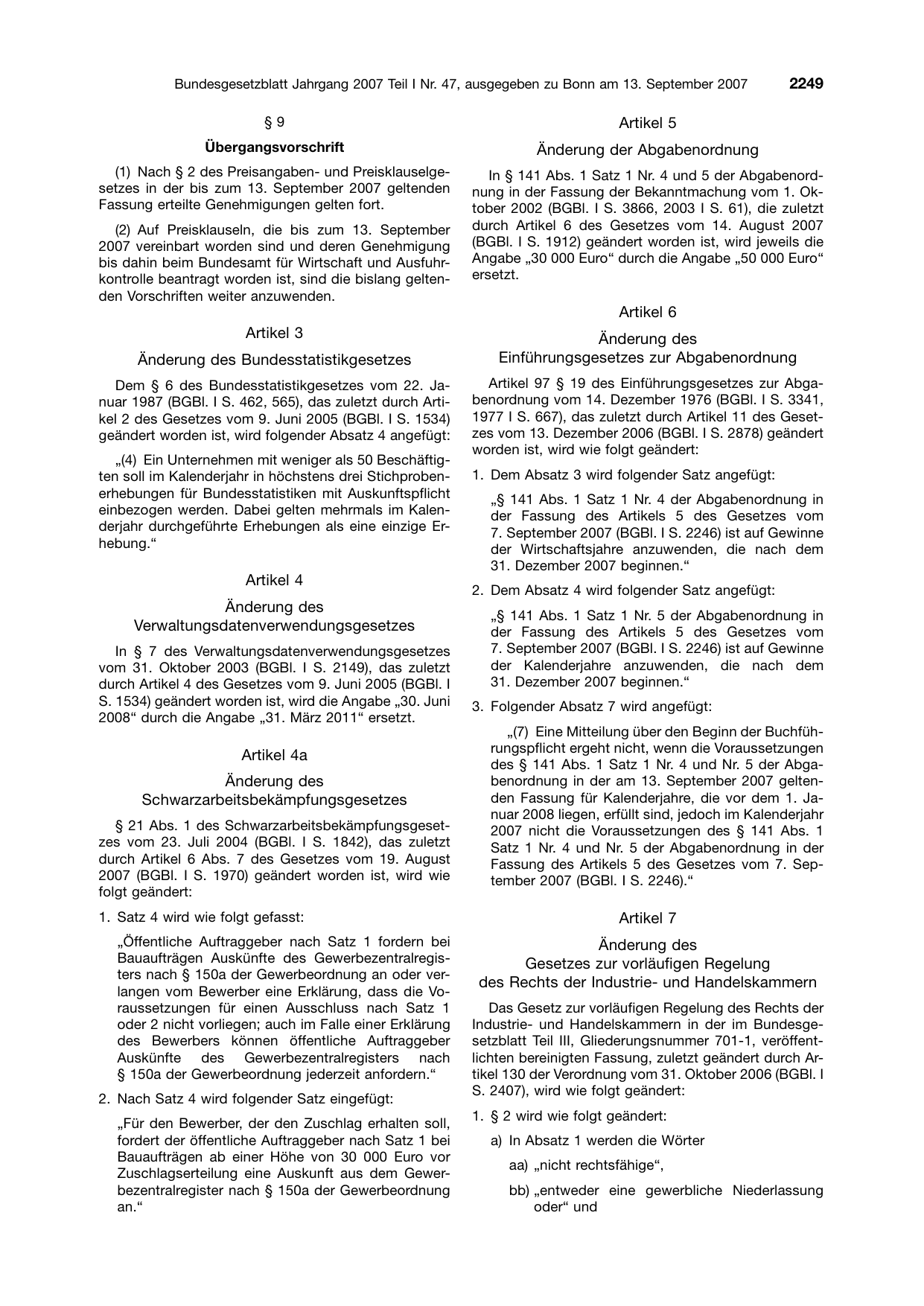 BGBl. 2007, Seite 2249 — Originalseite als Abbildung