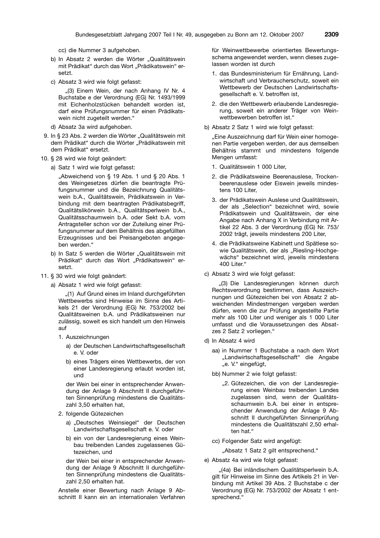 BGBl. 2007, Seite 2309 — Originalseite als Abbildung