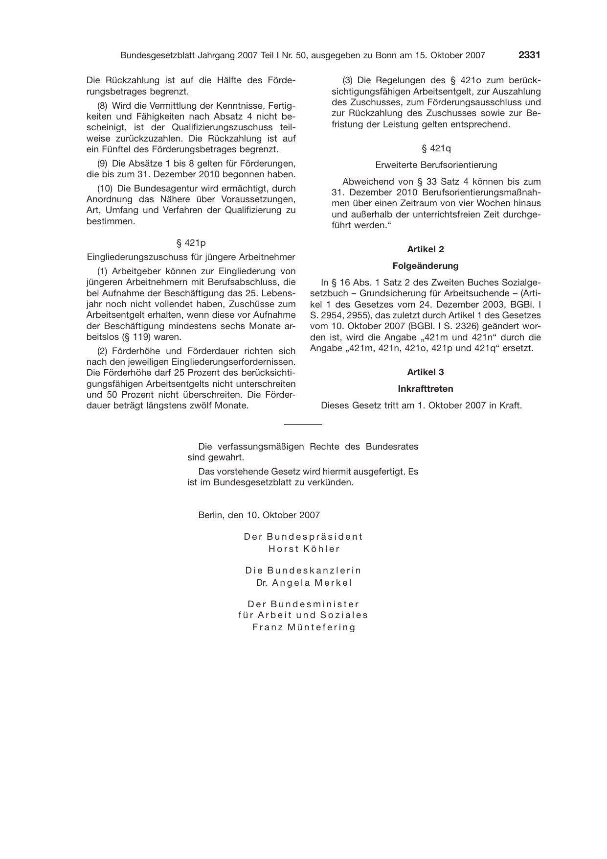 BGBl. 2007, Seite 2331 — Originalseite als Abbildung