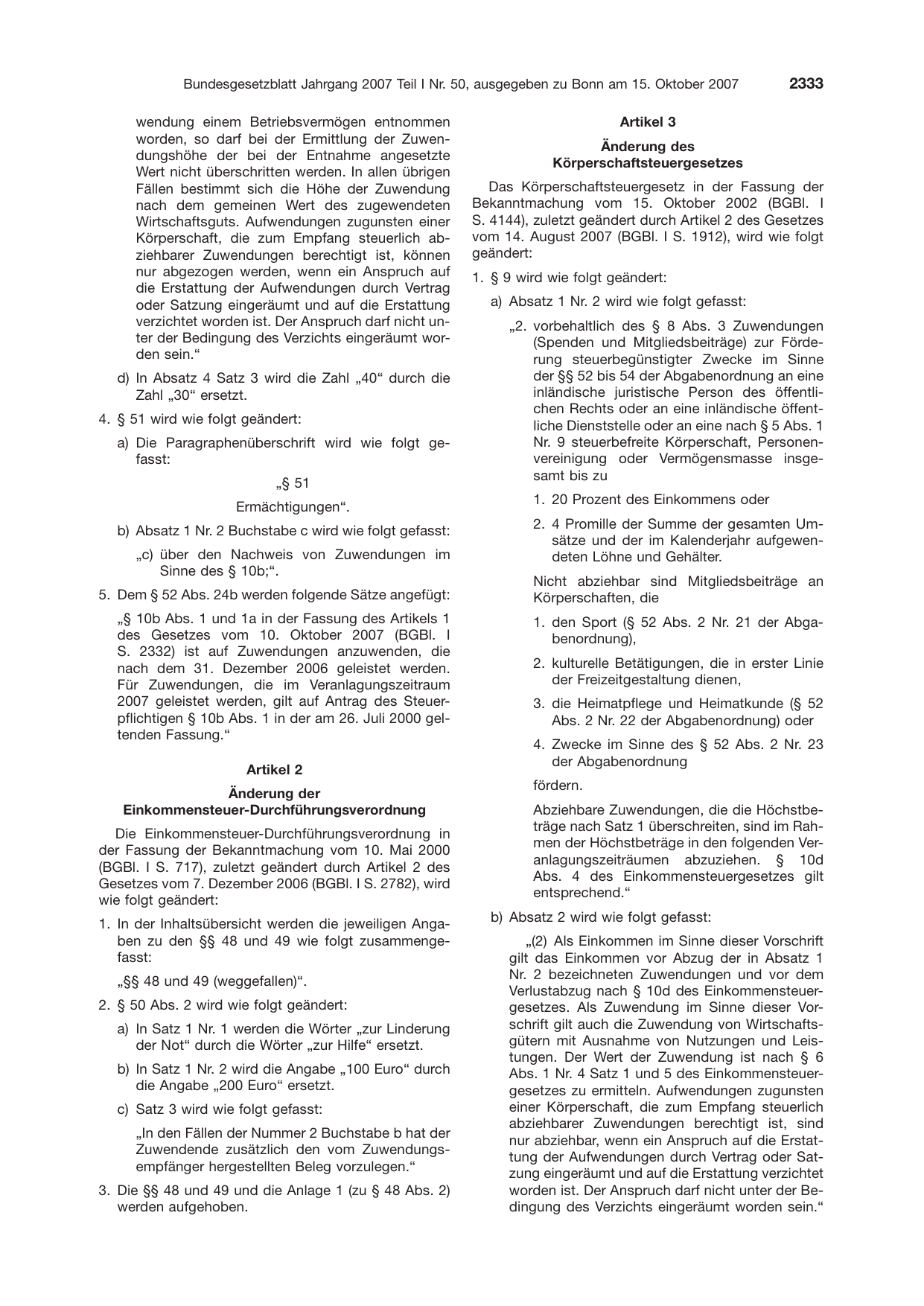 BGBl. 2007, Seite 2333 — Originalseite als Abbildung