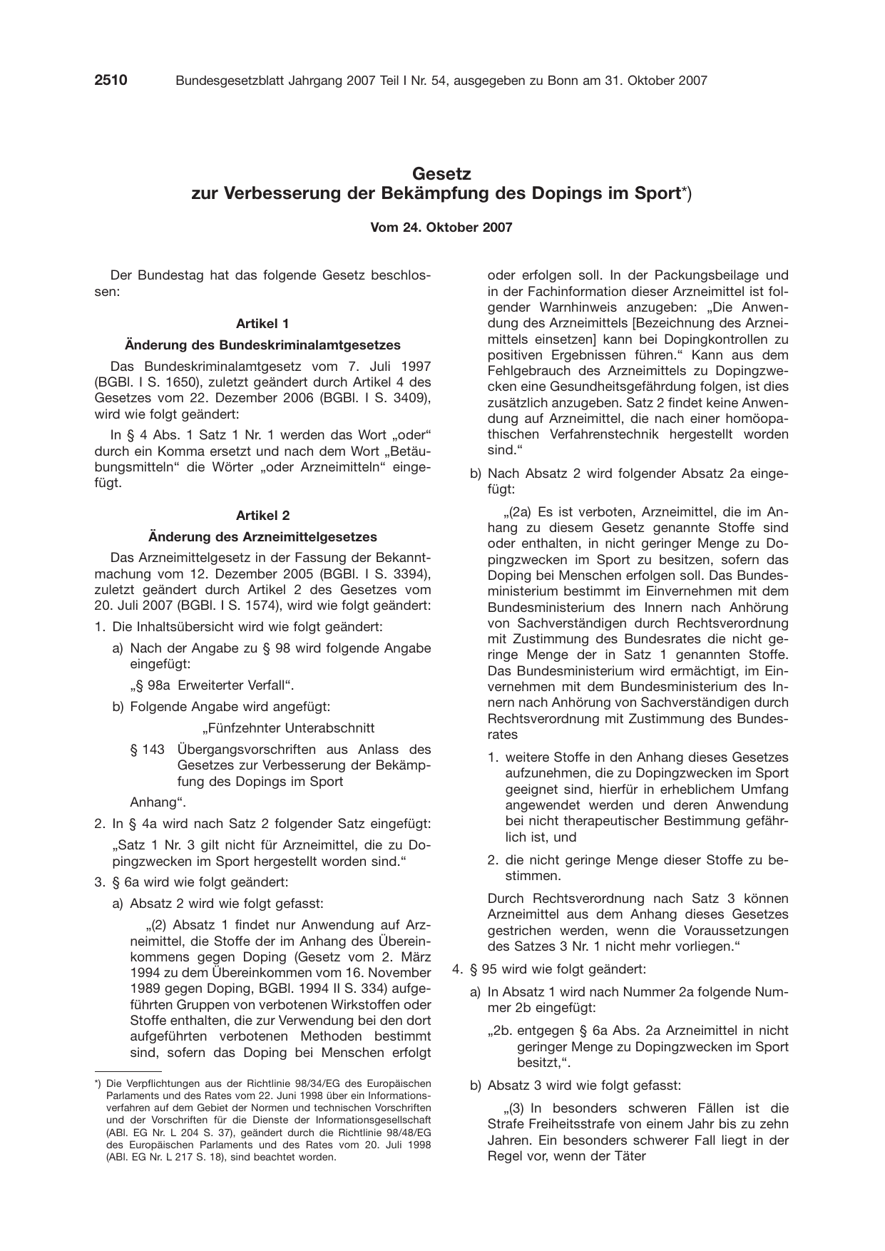 BGBl. 2007, Seite 2510 — Originalseite als Abbildung