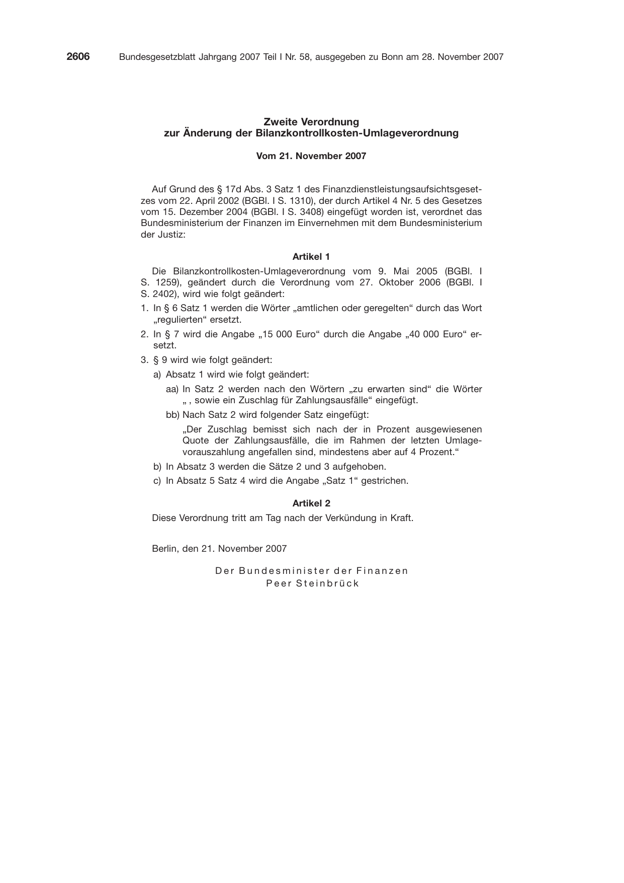 BGBl. 2007, Seite 2606 — Originalseite als Abbildung