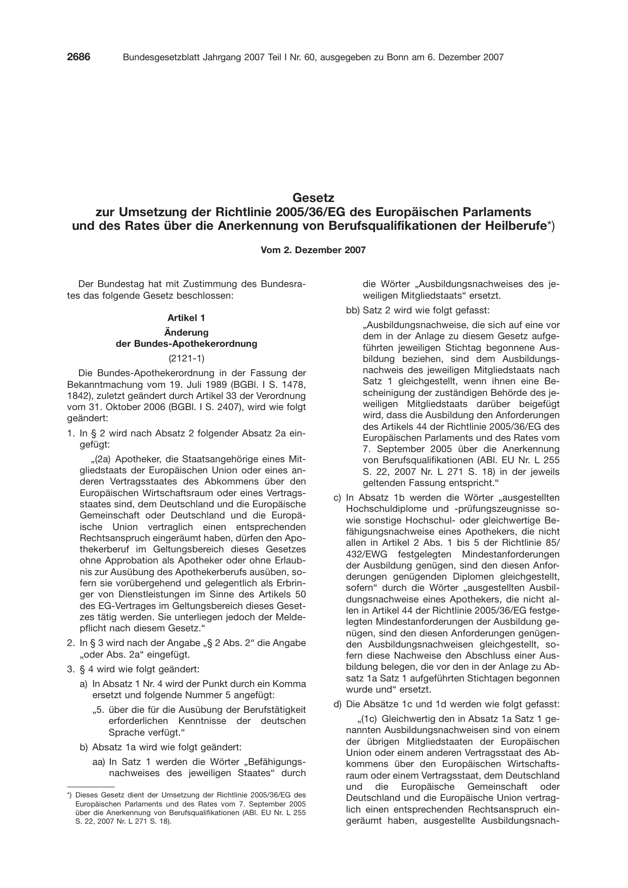 BGBl. 2007, Seite 2686 — Originalseite als Abbildung