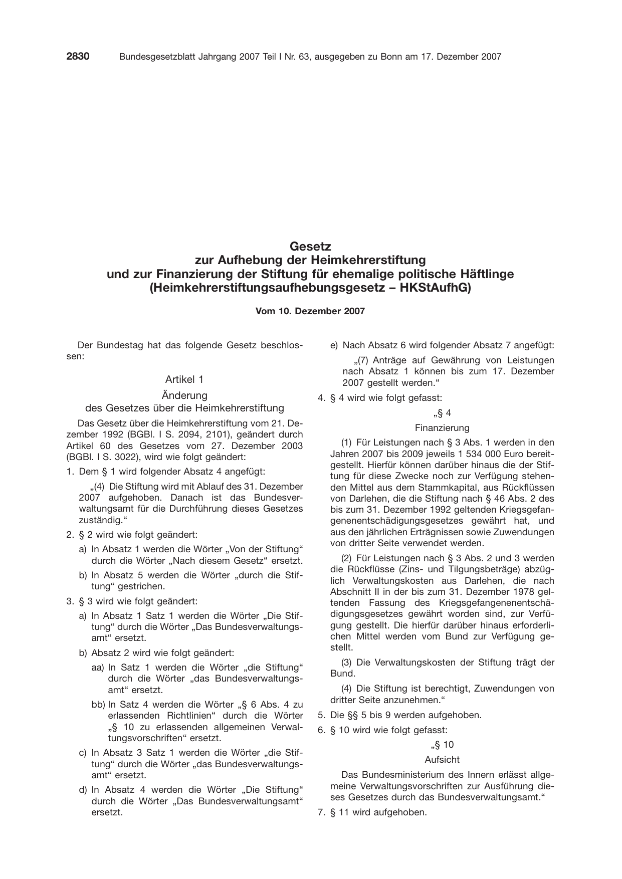 BGBl. 2007, Seite 2830 — Originalseite als Abbildung