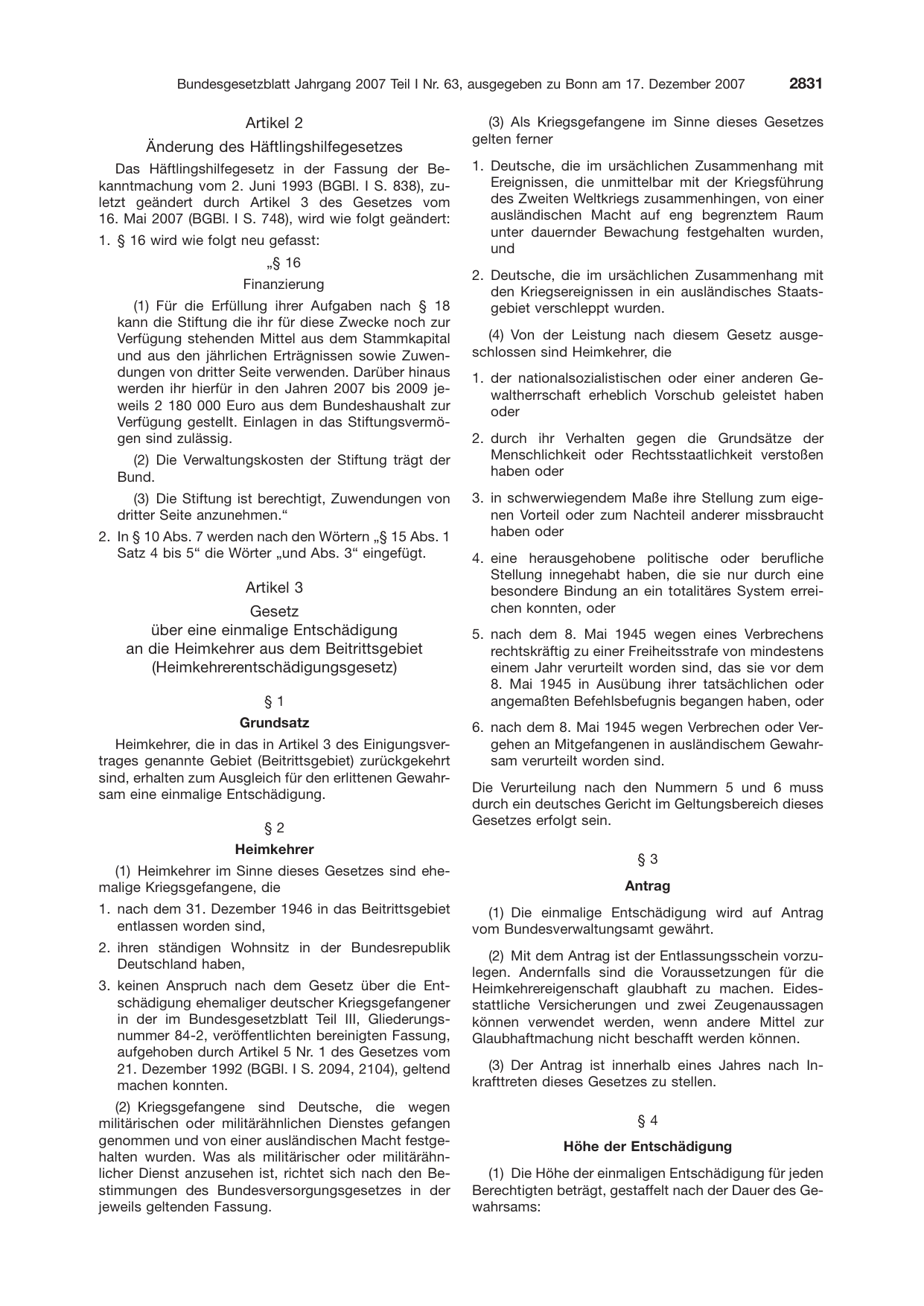 BGBl. 2007, Seite 2831 — Originalseite als Abbildung