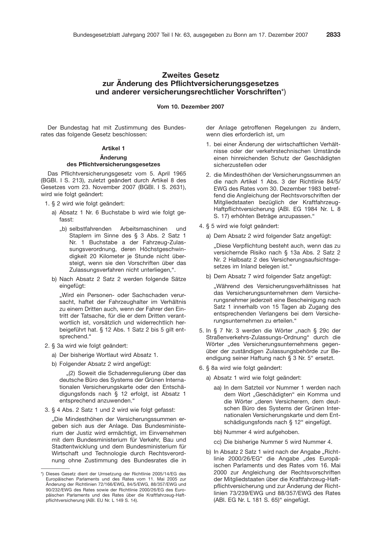 BGBl. 2007, Seite 2833 — Originalseite als Abbildung