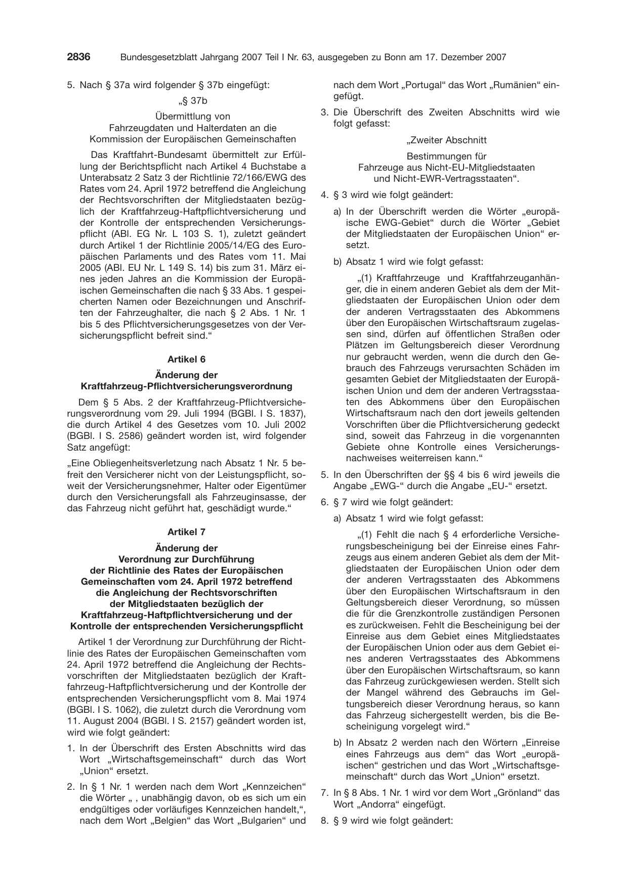 BGBl. 2007, Seite 2836 — Originalseite als Abbildung