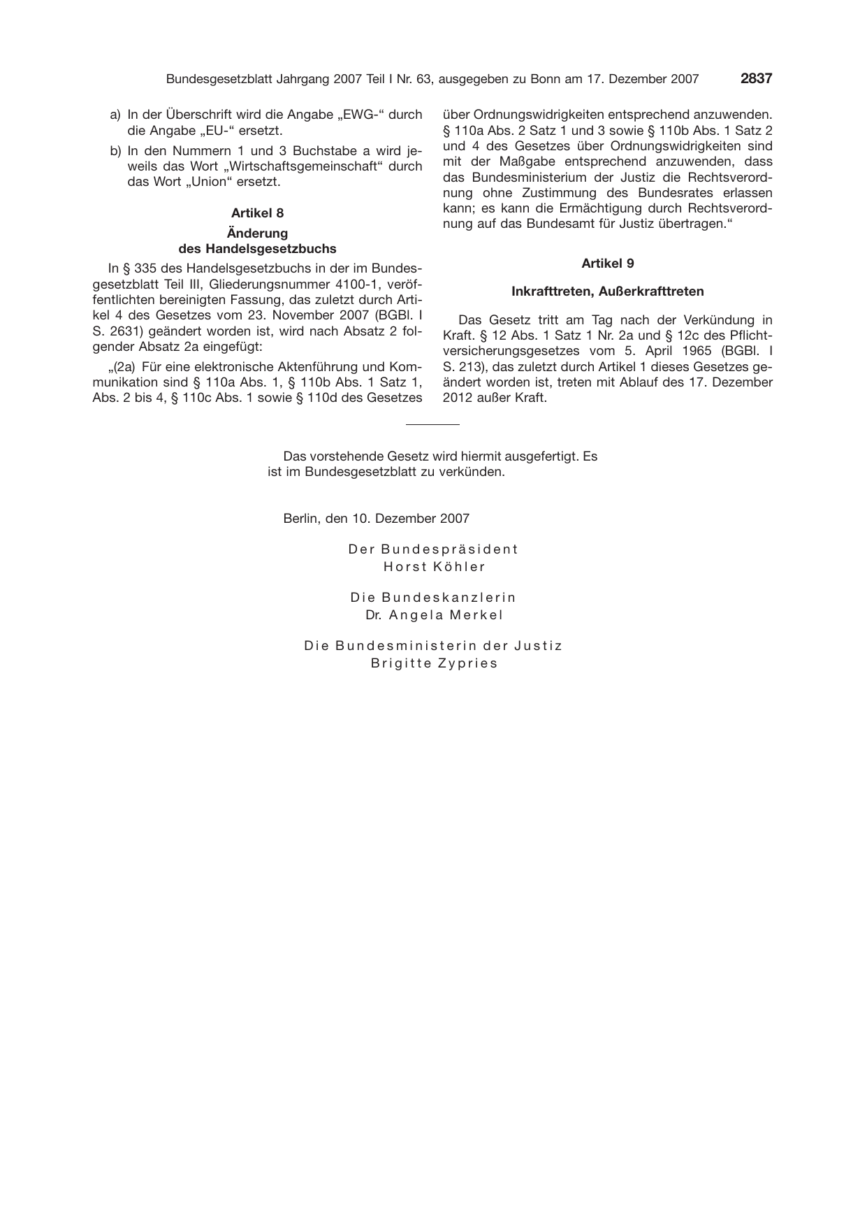 BGBl. 2007, Seite 2837 — Originalseite als Abbildung