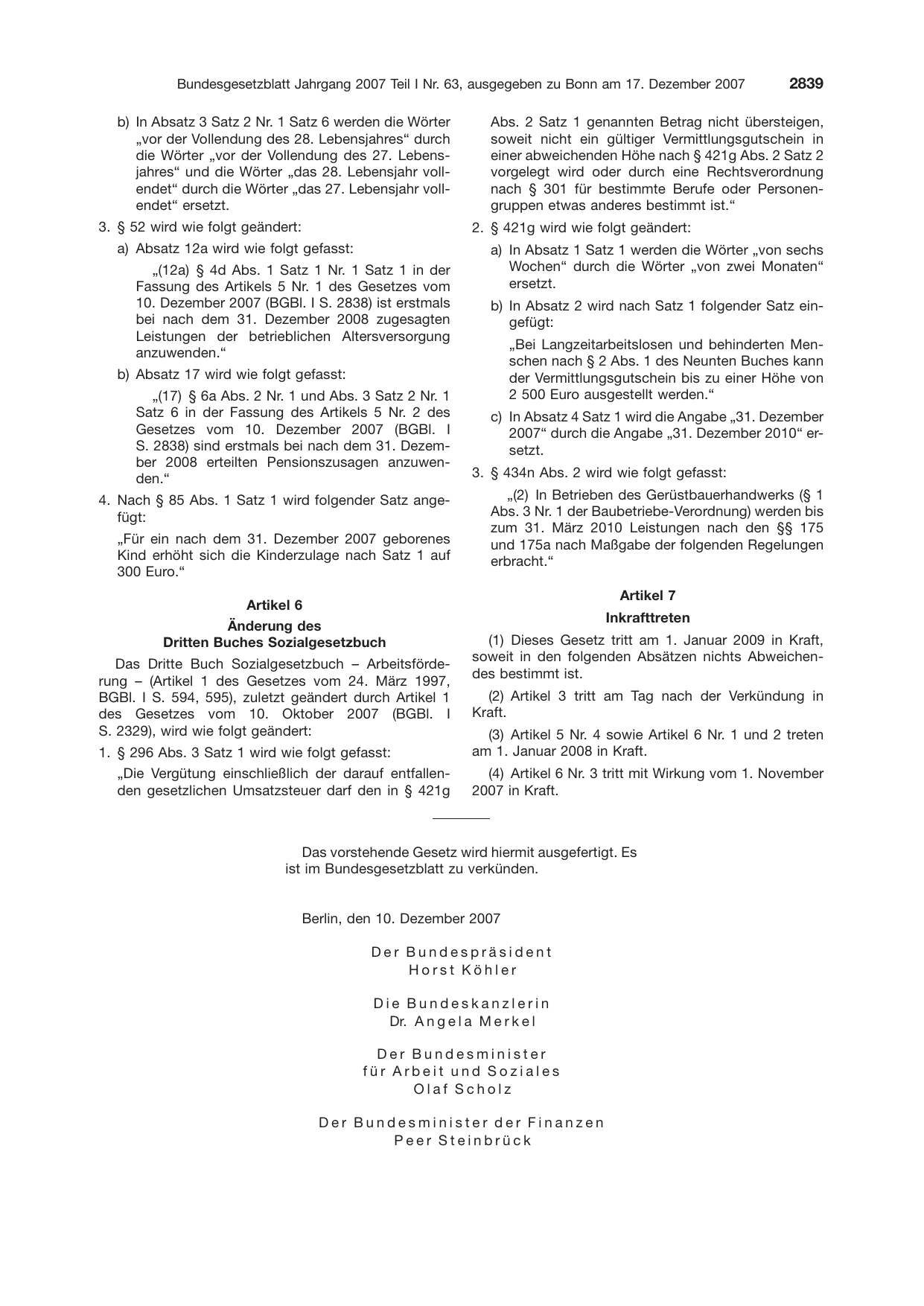 BGBl. 2007, Seite 2839 — Originalseite als Abbildung