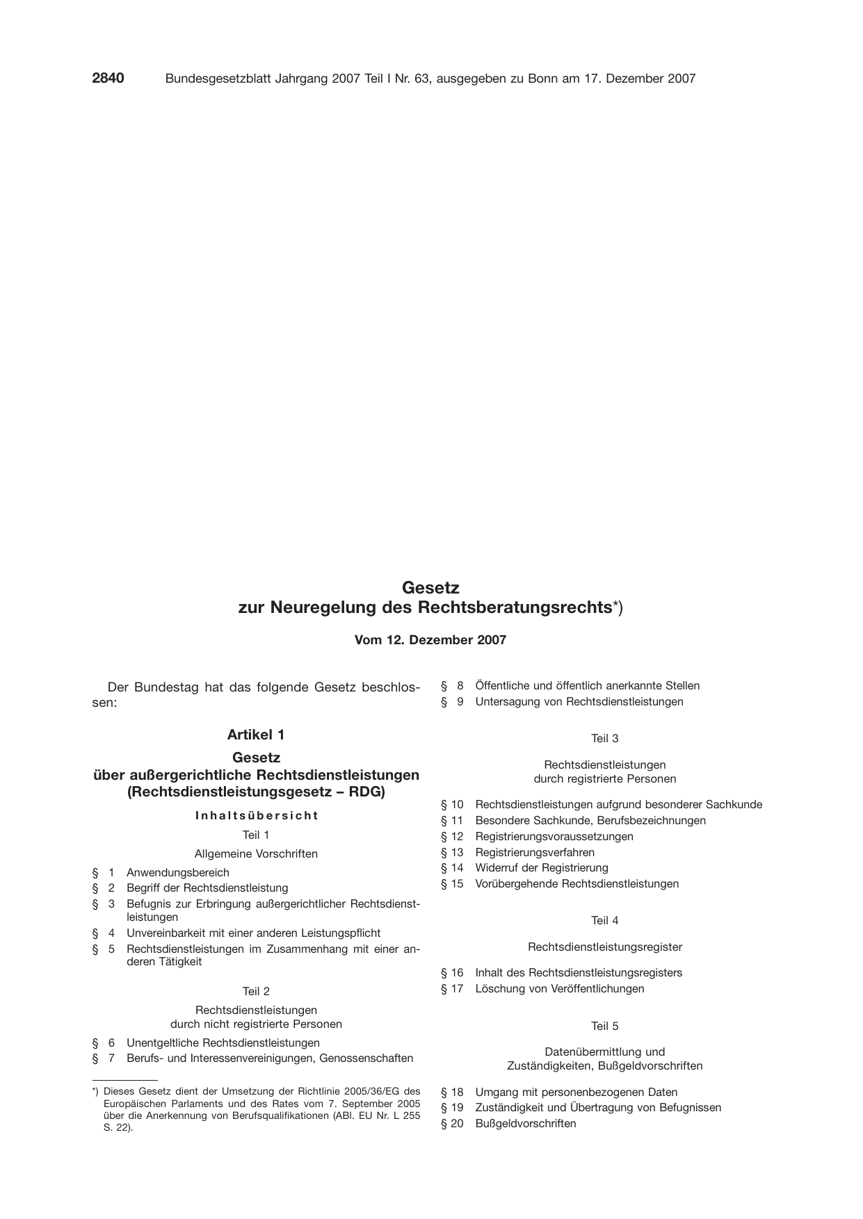 BGBl. 2007, Seite 2840 — Originalseite als Abbildung