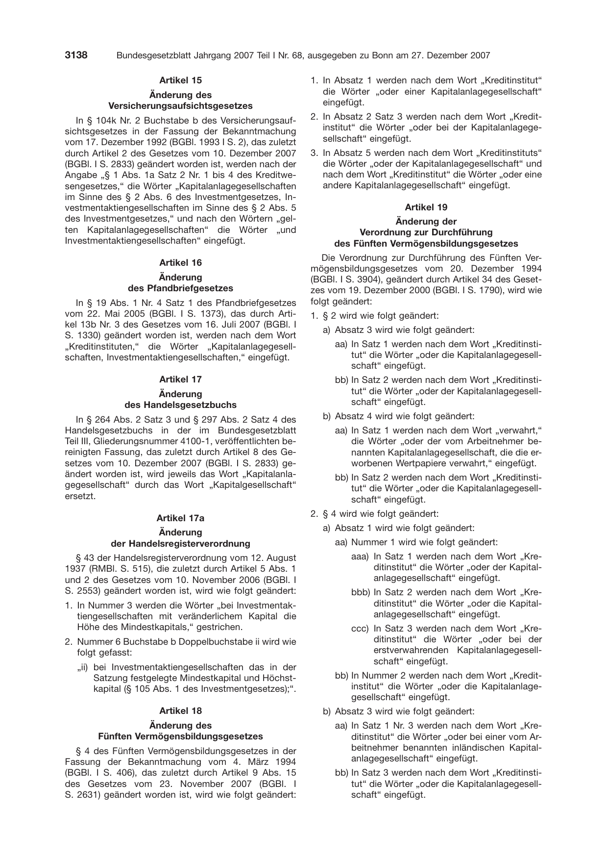 BGBl. 2007, Seite 3138 — Originalseite als Abbildung