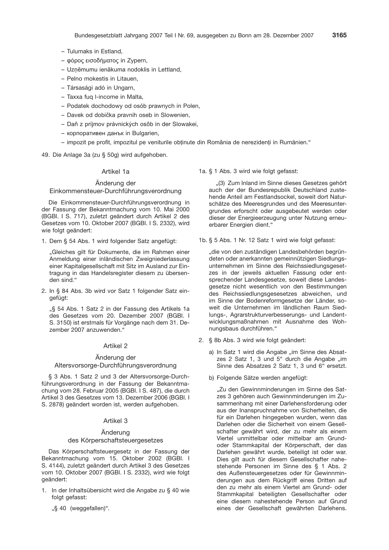 BGBl. 2007, Seite 3165 — Originalseite als Abbildung