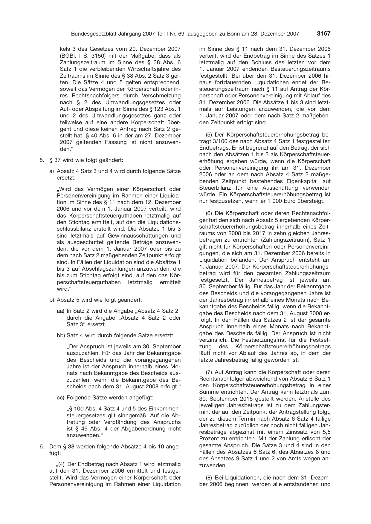 BGBl. 2007, Seite 3167 — Originalseite als Abbildung